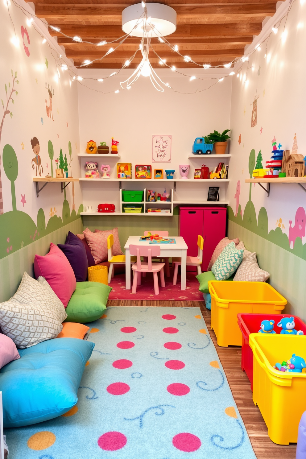 A cozy play area filled with colorful cushions and soft rugs creates a welcoming atmosphere for children. The walls are adorned with playful murals and shelves stocked with toys, while fairy lights twinkle above, adding a magical touch. A dedicated corner features a small table and chairs for arts and crafts activities. Brightly colored storage bins keep toys organized and easily accessible, making playtime enjoyable and stress-free.