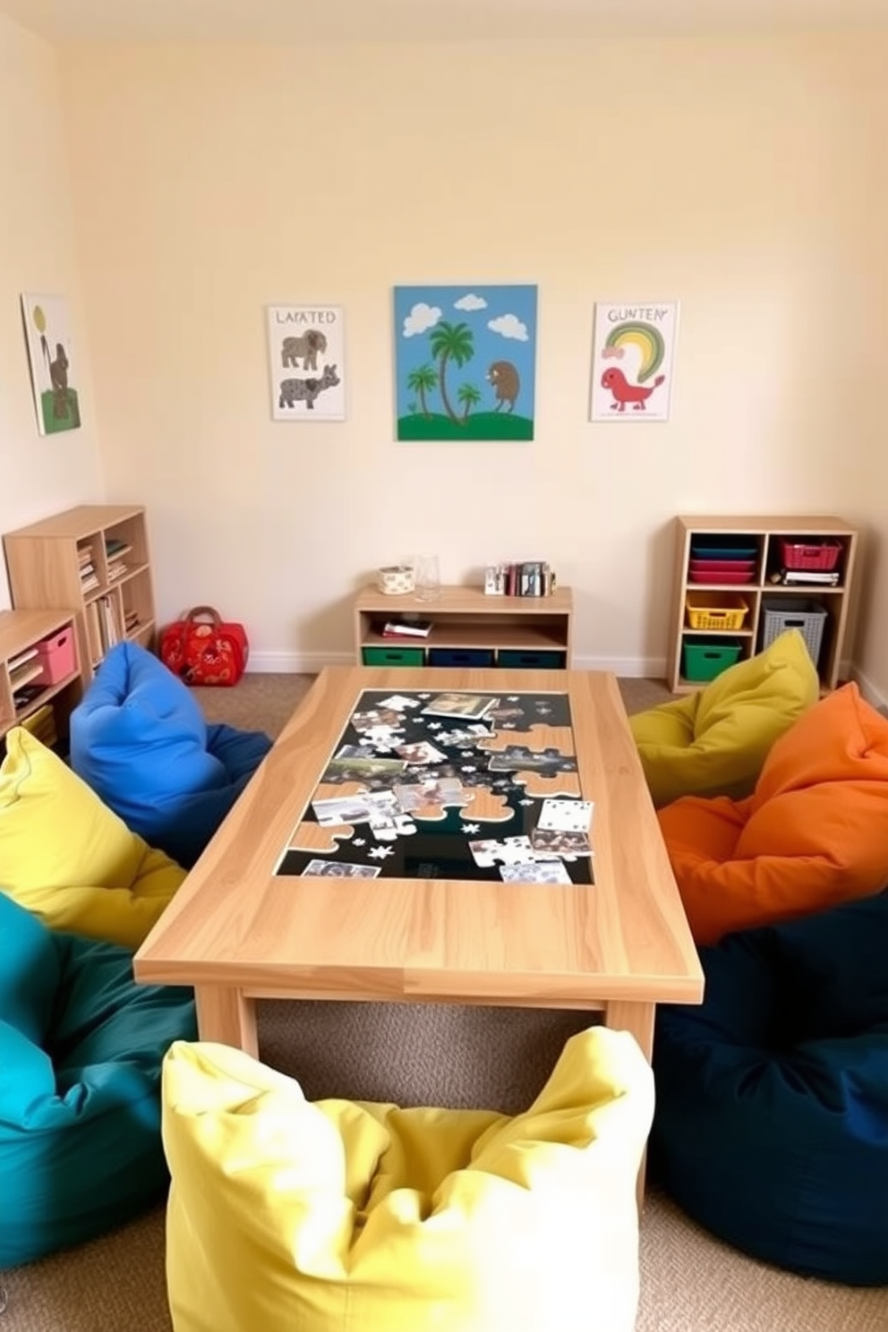 A cozy playroom featuring a large puzzle table made of natural wood, surrounded by colorful bean bag chairs for comfort. The walls are painted in a soft pastel hue, and playful artwork adorns the space, creating an inviting atmosphere for focused activities.