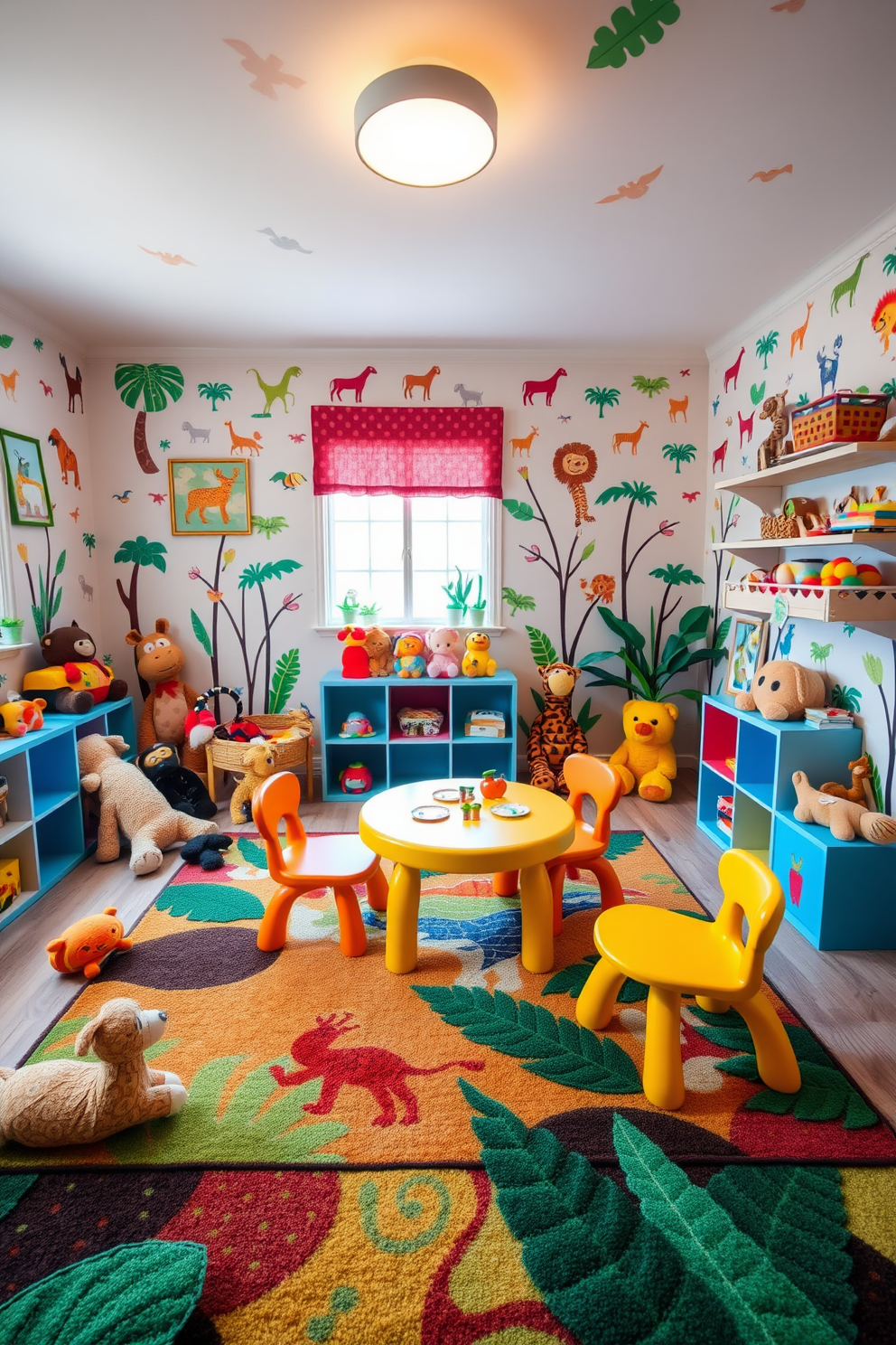 A vibrant playroom filled with animal-themed decor creates a playful ambiance. The walls are adorned with colorful animal prints, and plush toys of various animals are scattered throughout the space. A large area rug features a whimsical jungle pattern, providing a soft play surface for children. Brightly colored furniture, including a small table and chairs shaped like animals, enhances the fun atmosphere.