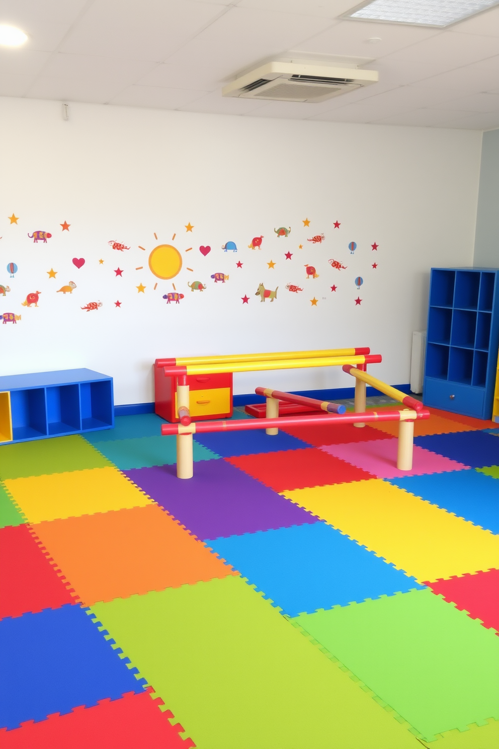 A vibrant playroom designed for movement features colorful mats laid out across the floor, creating a safe and cushioned area for children to play. Balance beams of varying heights are strategically placed to encourage physical activity and coordination, surrounded by bright wall decals that stimulate creativity and imagination.