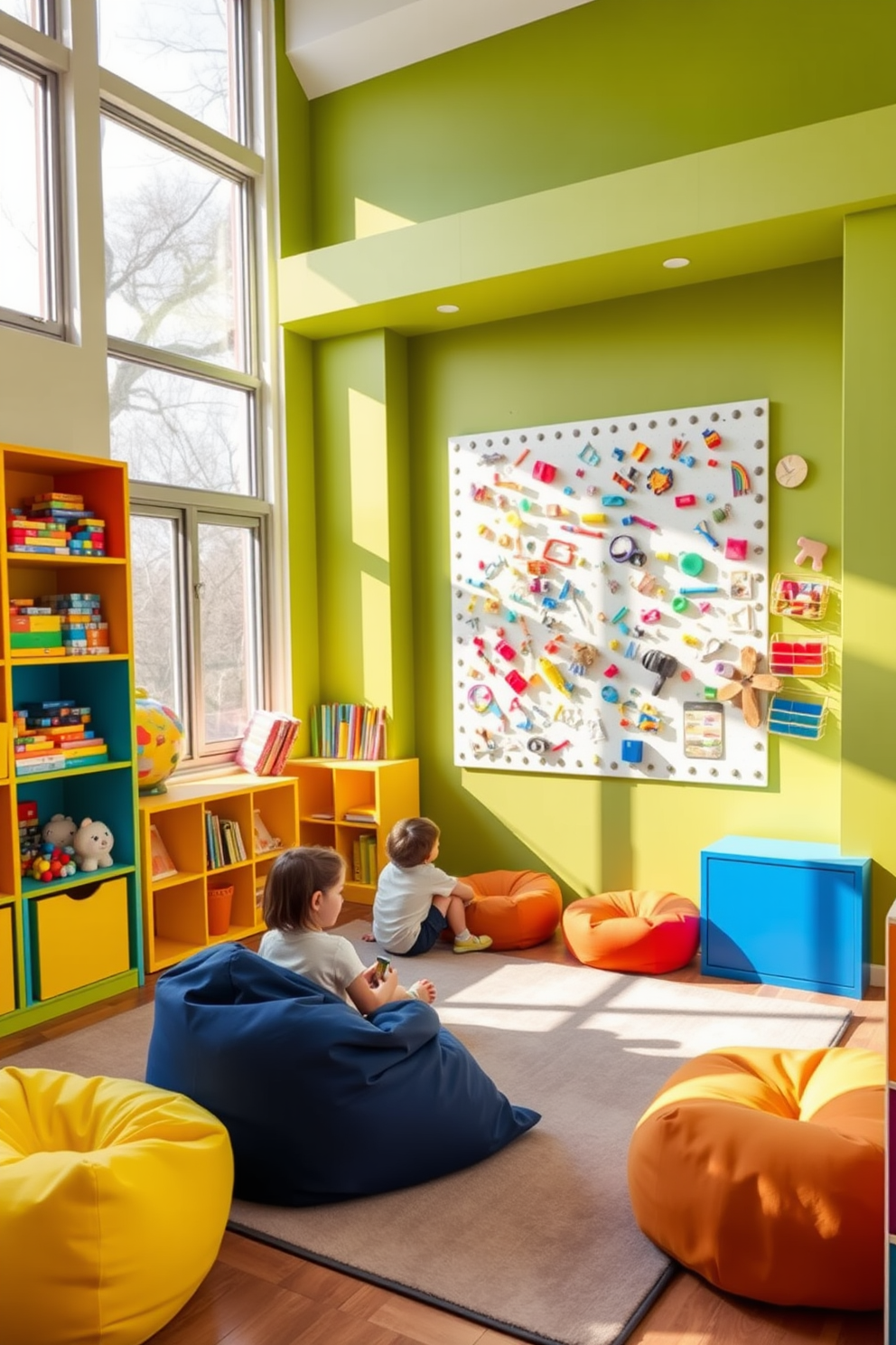 A vibrant playroom filled with a magnetic wall that encourages creativity and interactive play. The space features colorful shelving units stocked with building blocks and art supplies, complemented by a soft rug for comfort. Large windows allow natural light to flood in, illuminating the playful wall adorned with various magnetic elements. Brightly colored bean bags and floor cushions create cozy seating areas for children to gather and collaborate on their imaginative projects.