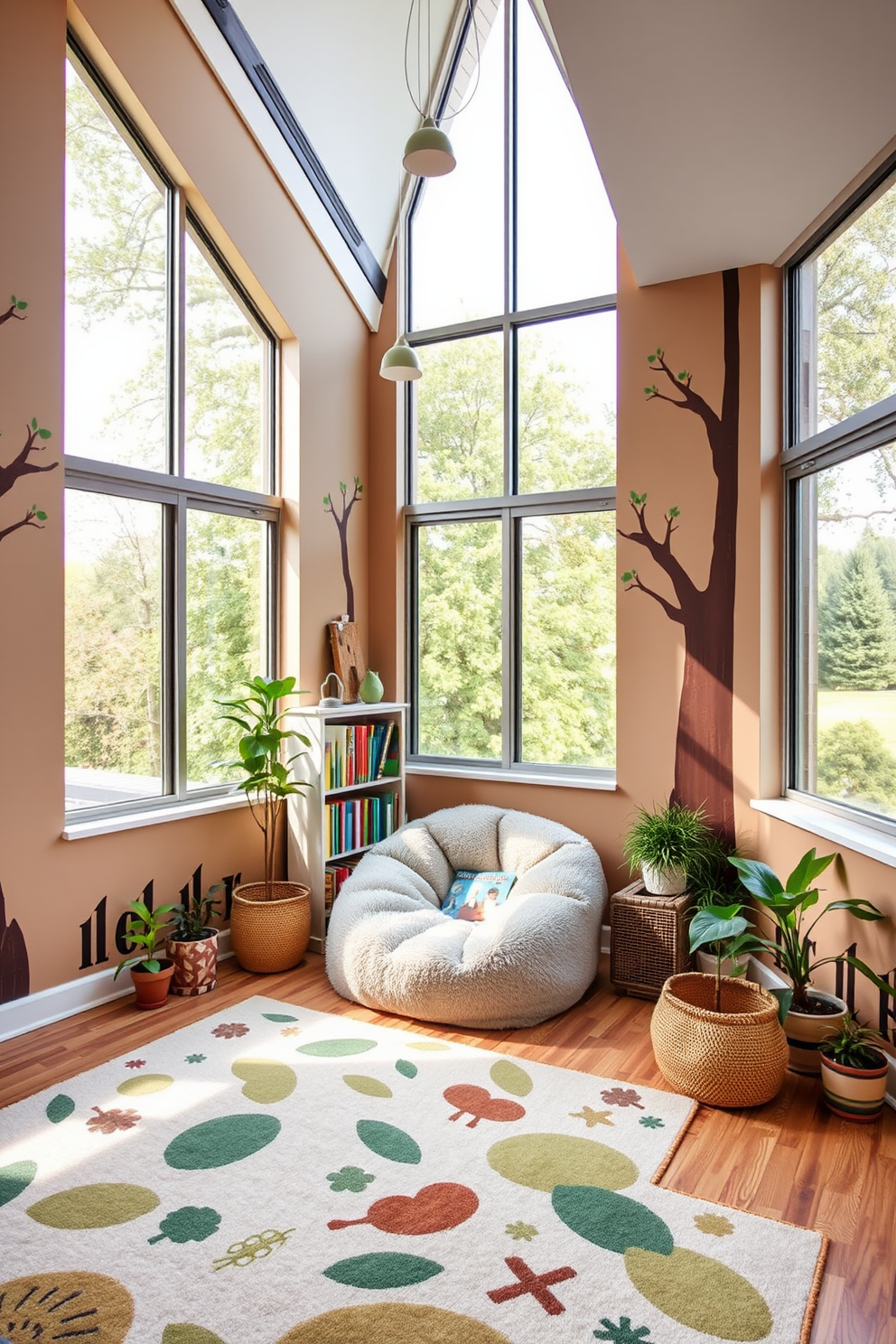 A playful playroom design featuring outdoor-inspired elements that create a natural feel. The walls are painted in soft earth tones and adorned with whimsical tree decals, while large windows allow ample natural light to flood the space. In the center, a cozy reading nook is created with a plush bean bag chair and a small bookshelf filled with colorful children's books. Nature-themed rugs cover the floor, and potted plants add a touch of greenery to enhance the overall ambiance.