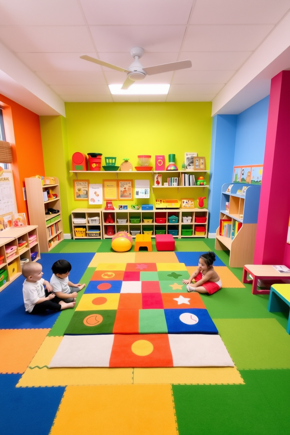 A vibrant playroom filled with interactive learning stations. The walls are painted in bright primary colors, and soft play mats cover the floor for comfort and safety. There are shelves filled with educational toys and books, encouraging exploration and creativity. A large, colorful rug in the center provides a cozy spot for group activities and storytelling.