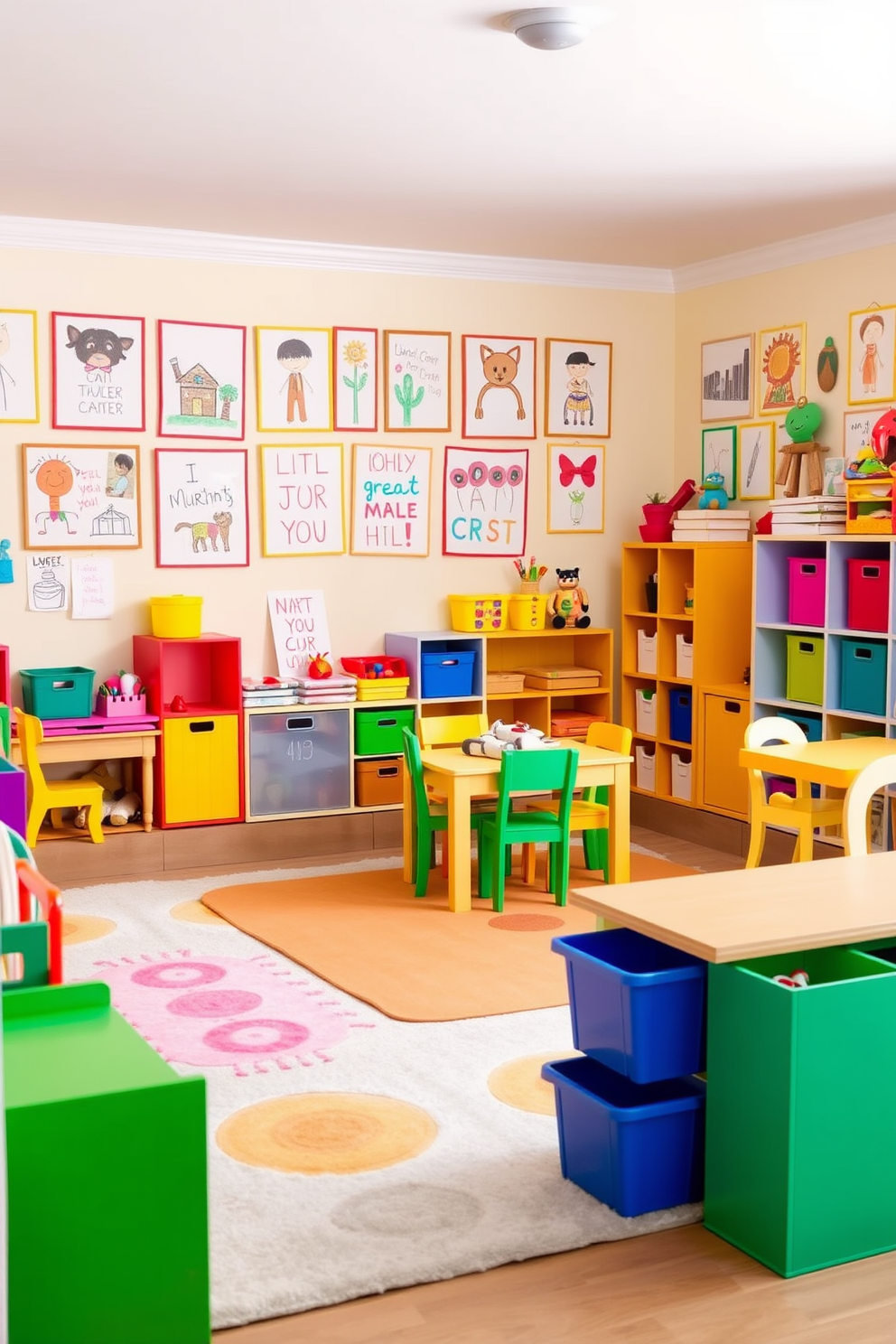 A vibrant science corner filled with engaging experiments and activities. The walls are painted in bright colors, and shelves are stocked with colorful science kits and books. A cozy playroom designed for creativity and fun. Soft rugs cover the floor, and various play areas include a reading nook, art station, and interactive toys.