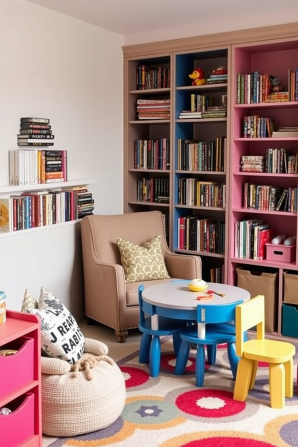 Cozy reading nook with soft cushions. A plush armchair is positioned next to a tall bookshelf filled with colorful books, while a warm throw blanket drapes over the armrest. Playroom Design Ideas. The space features a vibrant rug with playful patterns, surrounded by modular storage bins filled with toys and games, creating an inviting atmosphere for children.