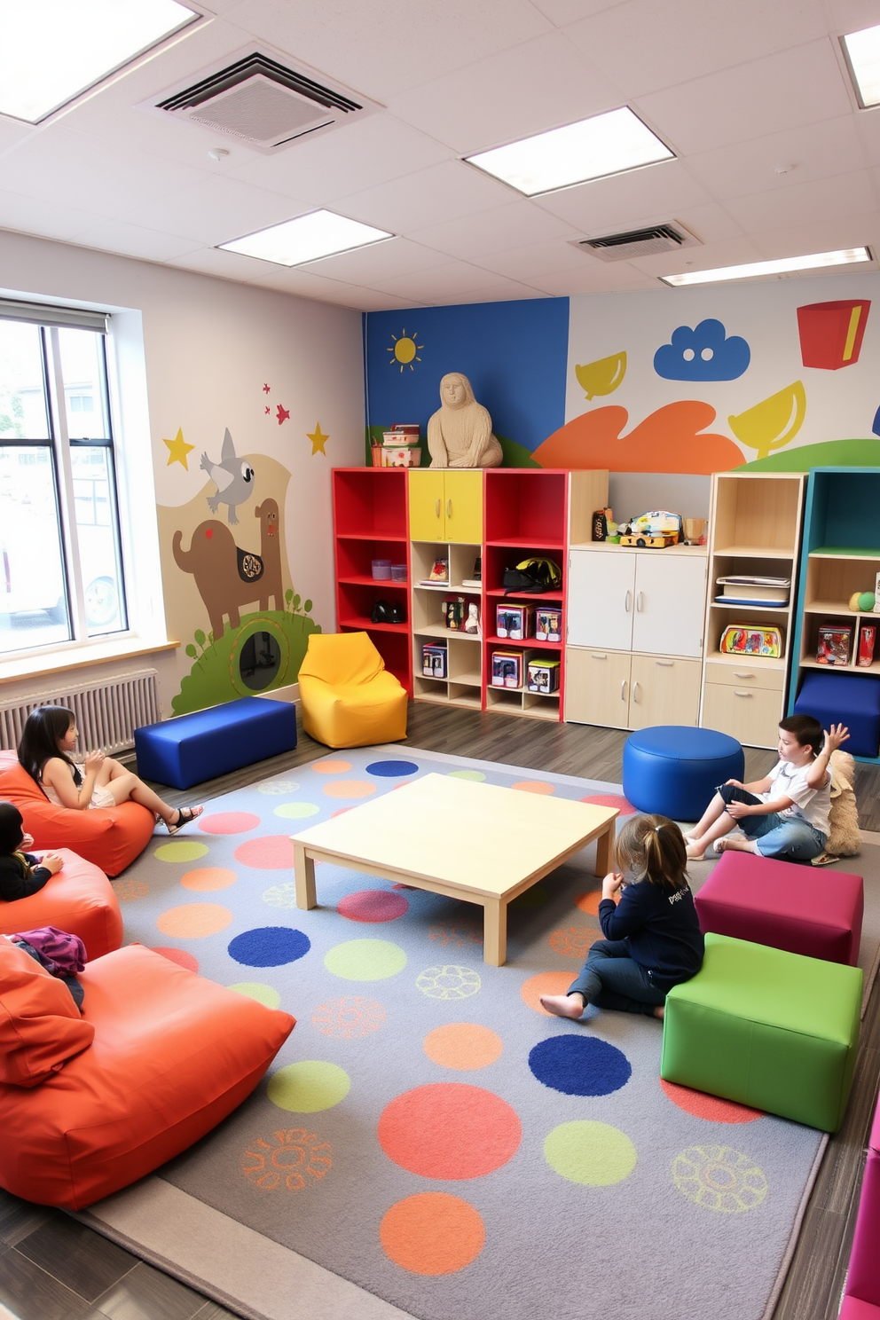 Flexible seating options for group activities. The playroom features colorful bean bags, modular seating cubes, and a large soft rug that encourages collaboration and comfort. The walls are adorned with playful murals and interactive elements. A low table in the center allows for various activities, while storage units keep toys and games organized and accessible.