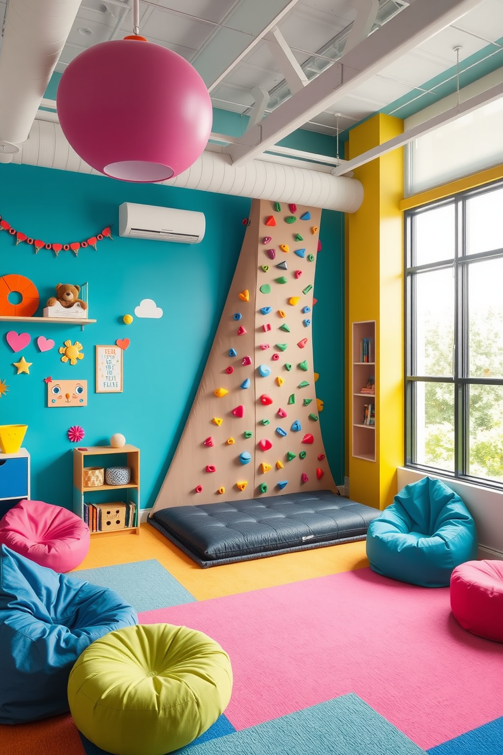 A vibrant playroom featuring an indoor climbing wall designed for active play. The climbing wall is adorned with colorful grips and soft padding at the base, surrounded by playful decor and bright wall colors. Cozy seating areas with bean bags and floor cushions are scattered throughout the space. A large window allows natural light to flood in, enhancing the cheerful atmosphere of the playroom.