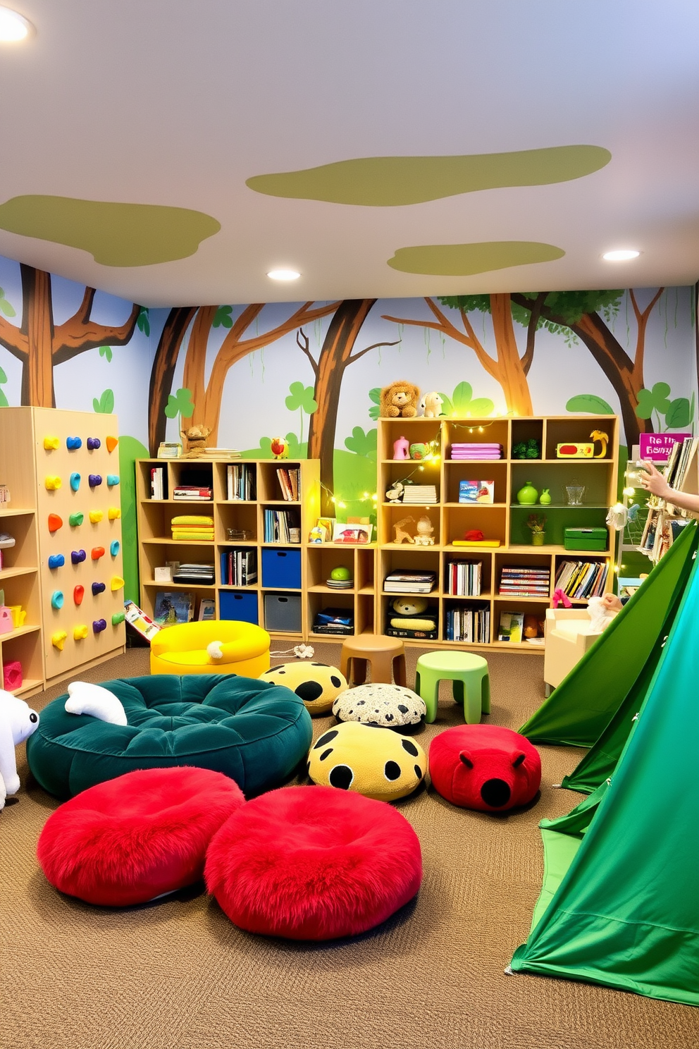 A vibrant playroom designed as a themed adventure zone. Brightly colored wall murals depict a jungle scene, and plush animal-shaped seating is scattered throughout the space. Interactive play areas include a mini climbing wall and a soft play area with oversized cushions. Shelves are filled with toys and books, and a cozy reading nook features a tent and fairy lights for a magical touch.