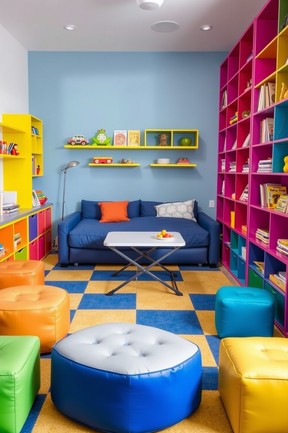 A vibrant playroom filled with multi-functional furniture that maximizes space. The room features a convertible sofa that transforms into a bed, surrounded by colorful storage ottomans that can be used for seating and play. Brightly colored shelves are mounted on the walls, displaying toys and books while keeping the floor clear for activities. A foldable table is positioned in the center, providing a space for crafts and games when needed, and can be easily stored away when not in use.