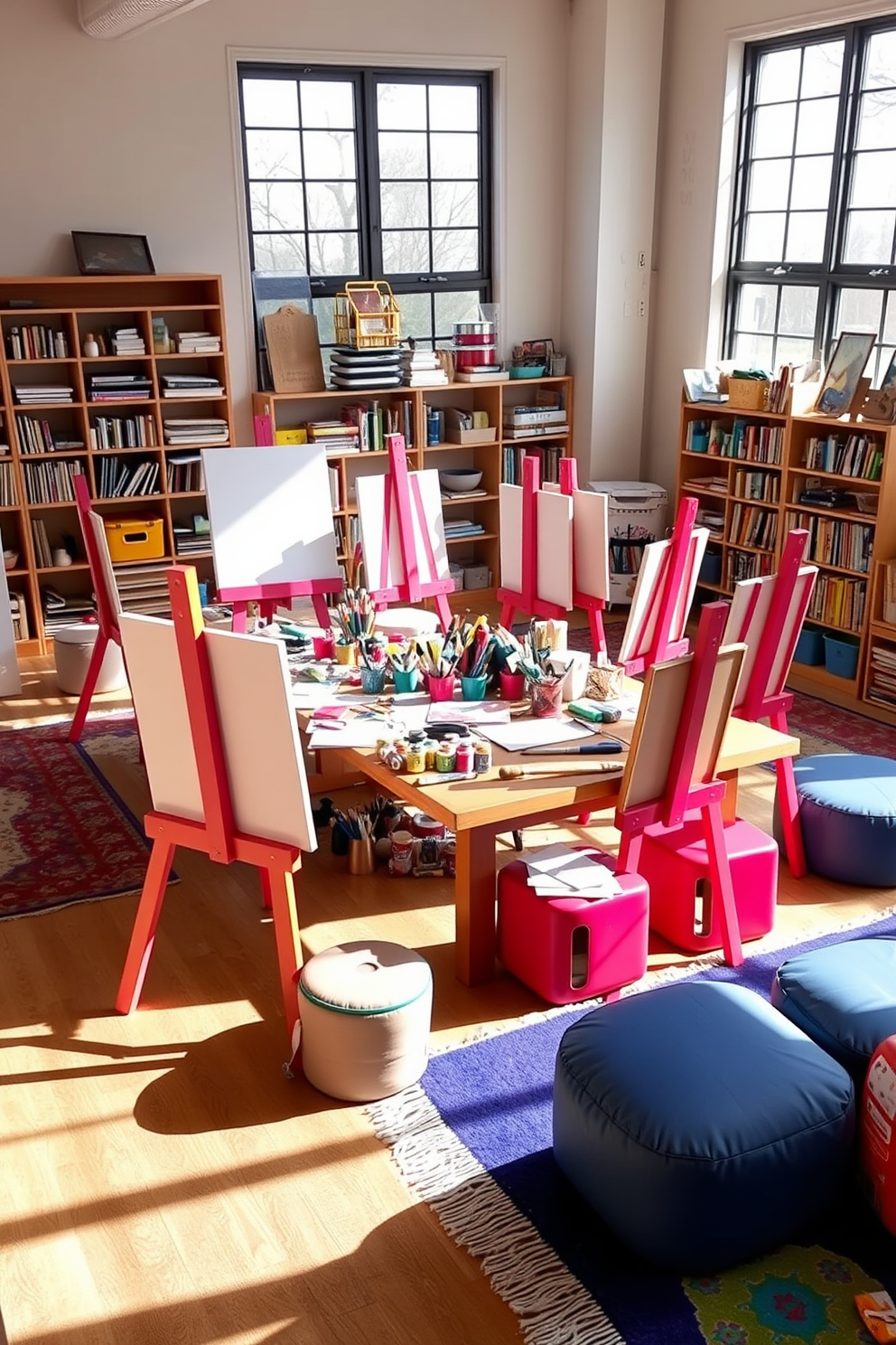 A sensory play zone designed for children features a variety of textures to engage their senses. Soft foam mats in vibrant colors cover the floor, while textured wall panels invite tactile exploration. The space includes a range of sensory toys such as squishy balls, textured blocks, and fabric swatches. A cozy reading nook with plush cushions and a small bookshelf encourages quiet play and imagination.