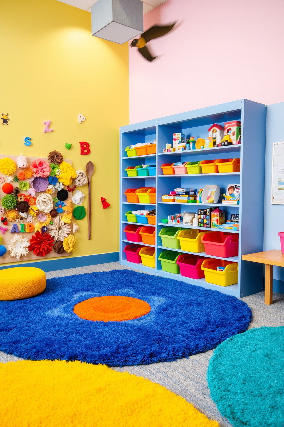 A vibrant playroom with an open floor plan allows for free movement and creativity. The space features colorful rugs, soft seating areas, and large windows that fill the room with natural light. Brightly painted walls in playful hues create an inviting atmosphere. Shelves filled with toys and books are easily accessible, encouraging children to explore and engage in imaginative play.