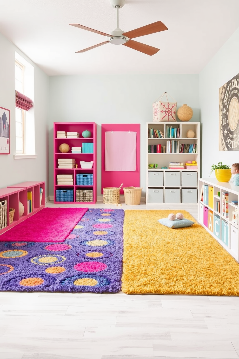 Bright rugs in vibrant colors create defined play areas that invite creativity and fun. The rugs can feature playful patterns and textures, making the space lively and engaging for children. Incorporating comfortable seating and storage solutions alongside the rugs enhances the playroom's functionality. This design approach fosters a welcoming environment where kids can explore and play freely.