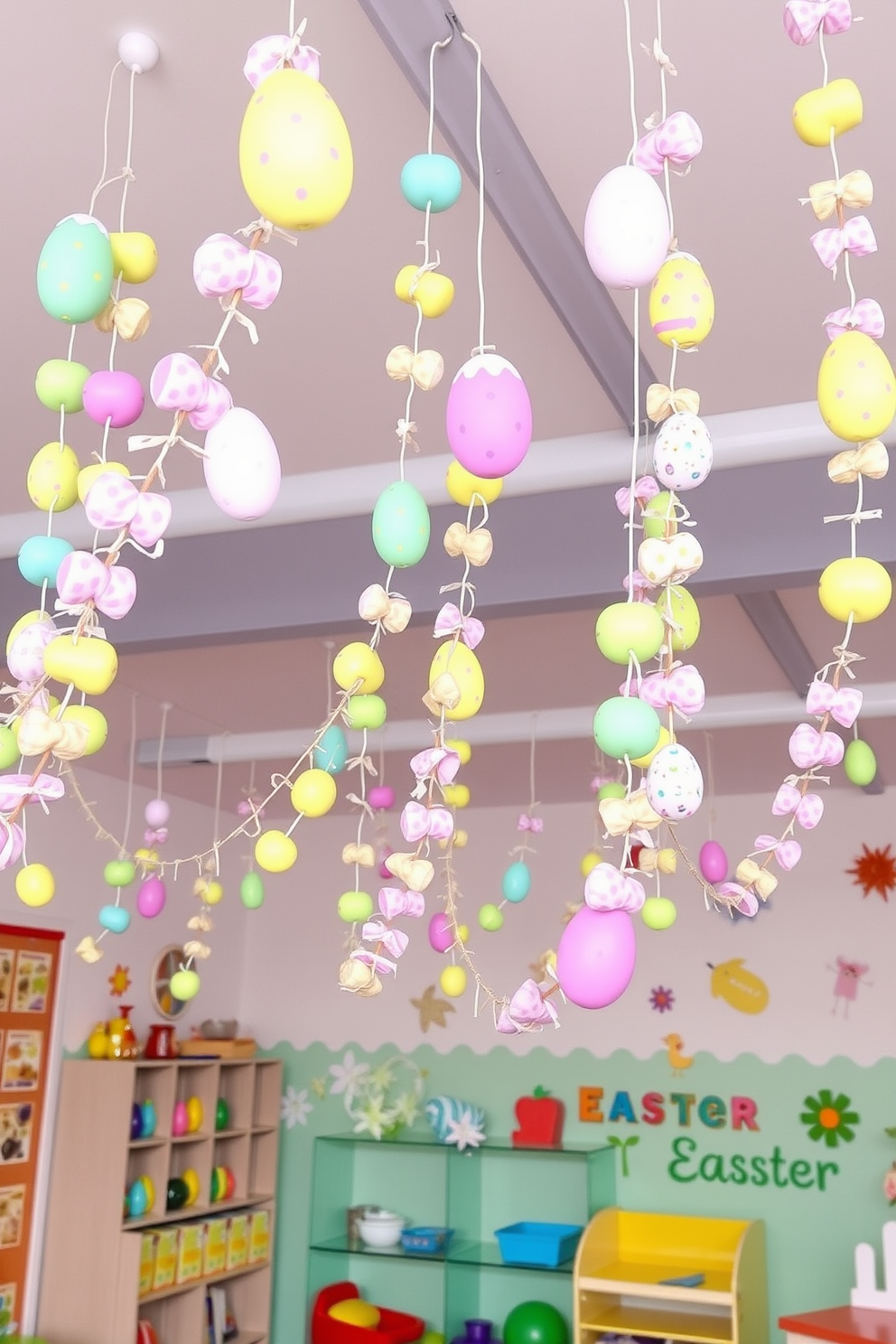 Colorful Easter egg garlands hang gracefully from the ceiling, creating a festive atmosphere in the playroom. The walls are adorned with cheerful pastel colors, and playful decorations enhance the joyful spirit of Easter.