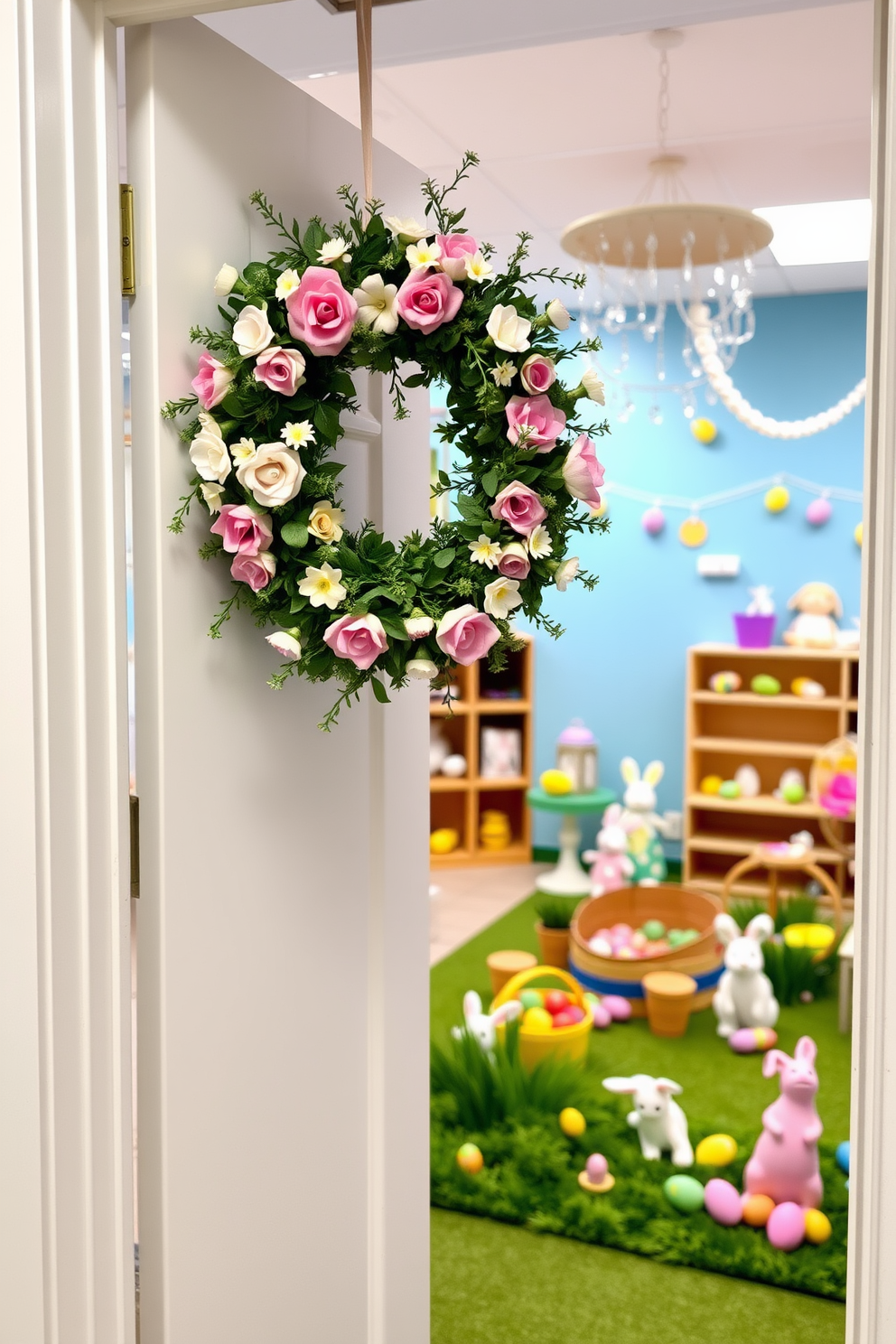 A charming playroom entrance adorned with a faux flower wreath hanging on the door. The wreath features an array of pastel-colored blooms and greenery, creating a welcoming atmosphere for children and guests alike. Inside the playroom, whimsical Easter decorations bring joy and creativity to the space. Colorful eggs, bunnies, and spring-themed accents are playfully arranged throughout, inspiring imaginative play and festive cheer.