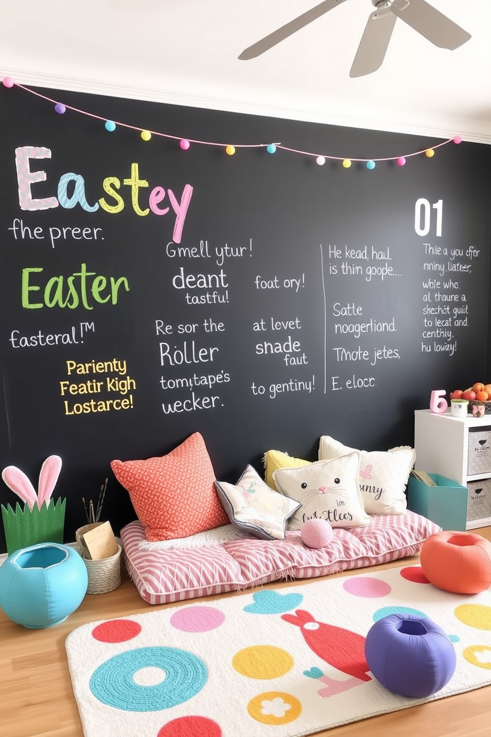 Create a playful playroom setting featuring a chalkboard wall adorned with colorful Easter messages. The space includes a cozy reading nook with plush cushions and a whimsical rug, perfect for children to gather and enjoy festive decorations.