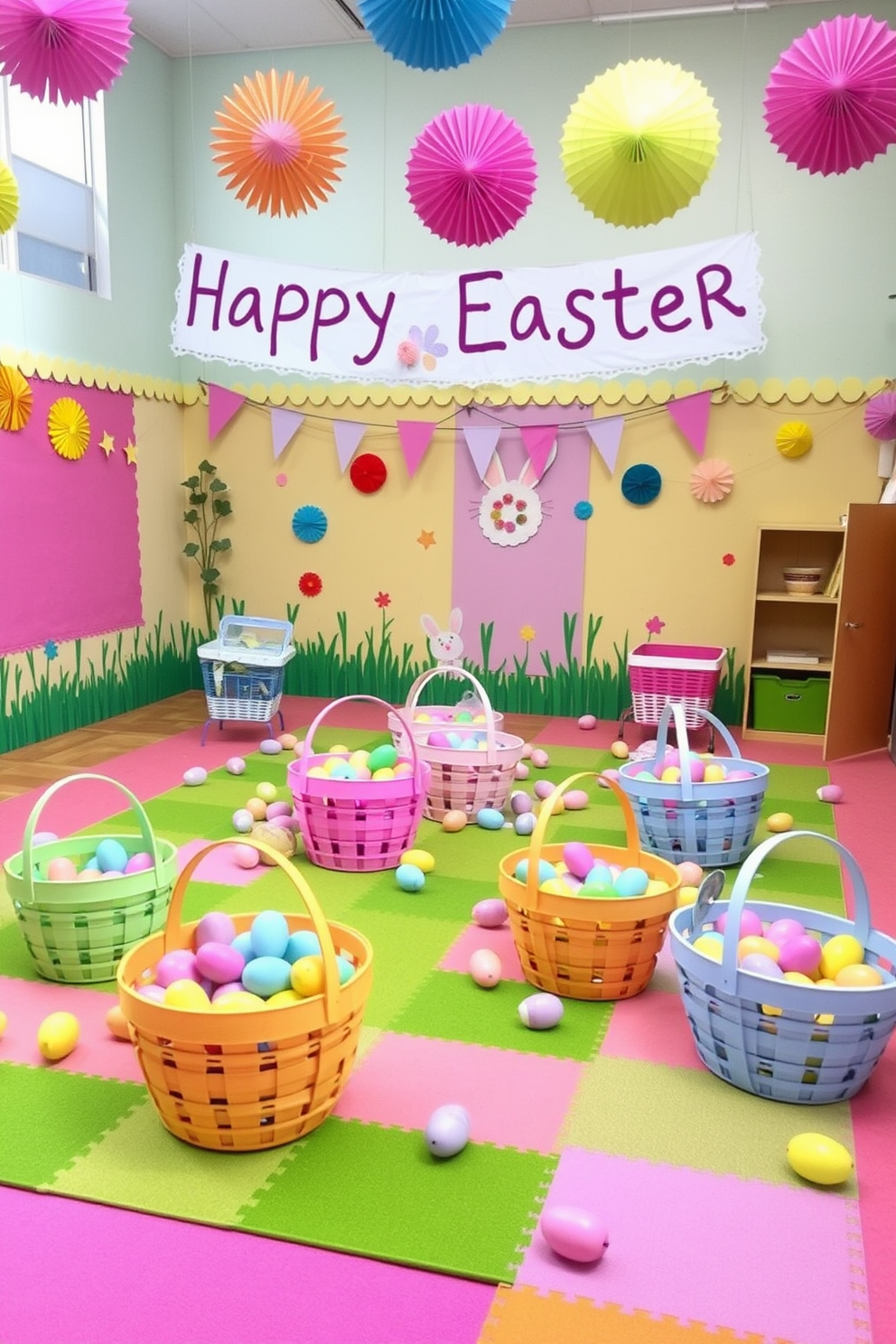 A vibrant indoor playroom designed for an interactive Easter egg hunt. Colorful decorations adorn the walls, and a soft play mat covers the floor, creating a welcoming space for children to explore. Large pastel-colored baskets filled with plastic eggs are scattered throughout the room, inviting kids to search for hidden treasures. A cheerful banner that reads 