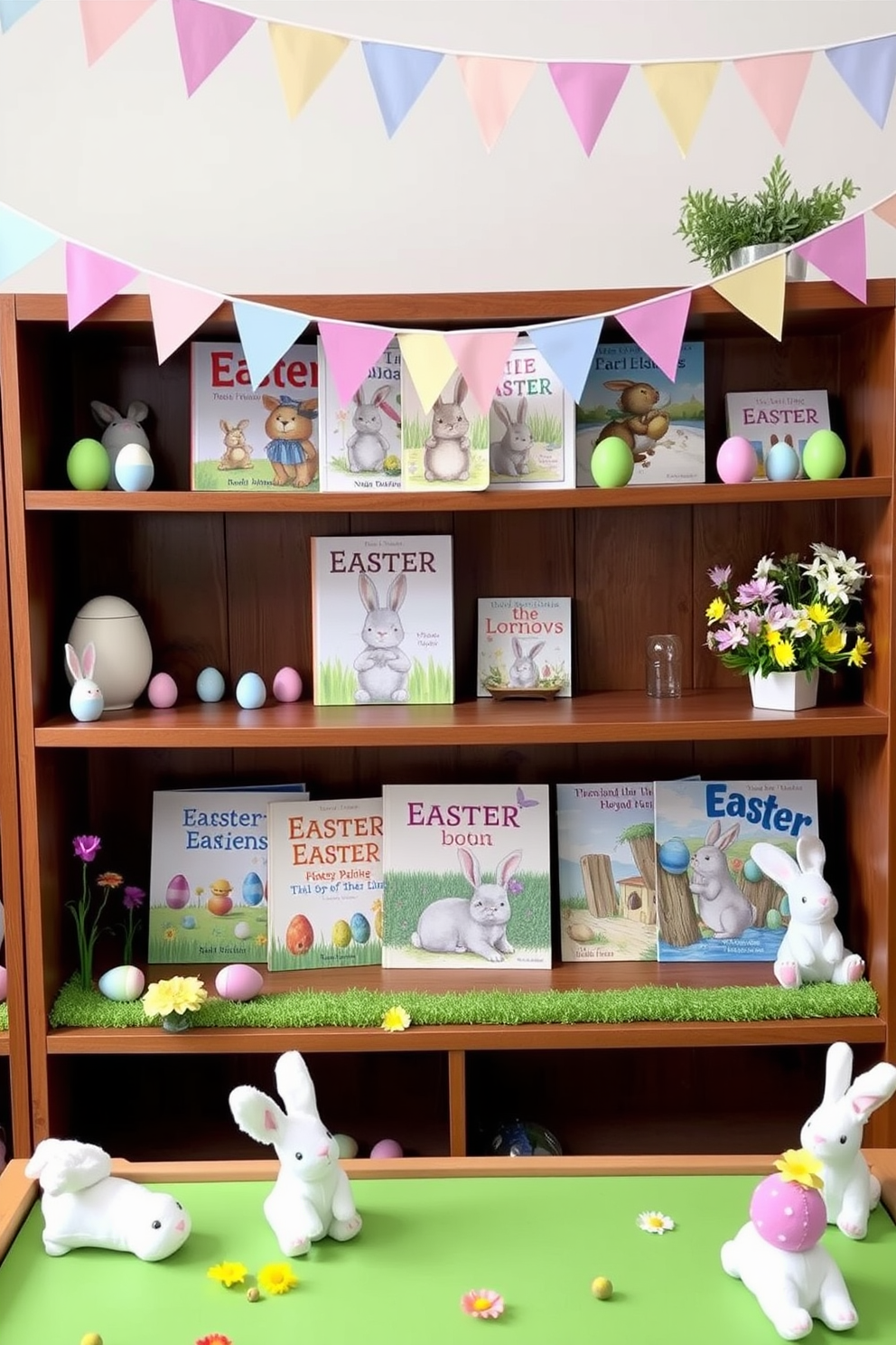 Easter-themed books are elegantly arranged on a wooden shelf, showcasing vibrant covers and playful illustrations. The shelf is adorned with pastel-colored decorative eggs and small bunny figurines, adding a festive touch to the space. The playroom is transformed with cheerful Easter decorations, featuring a colorful banner strung across the room. Plush bunnies and spring flowers are scattered throughout, creating a whimsical and inviting atmosphere for children to enjoy.