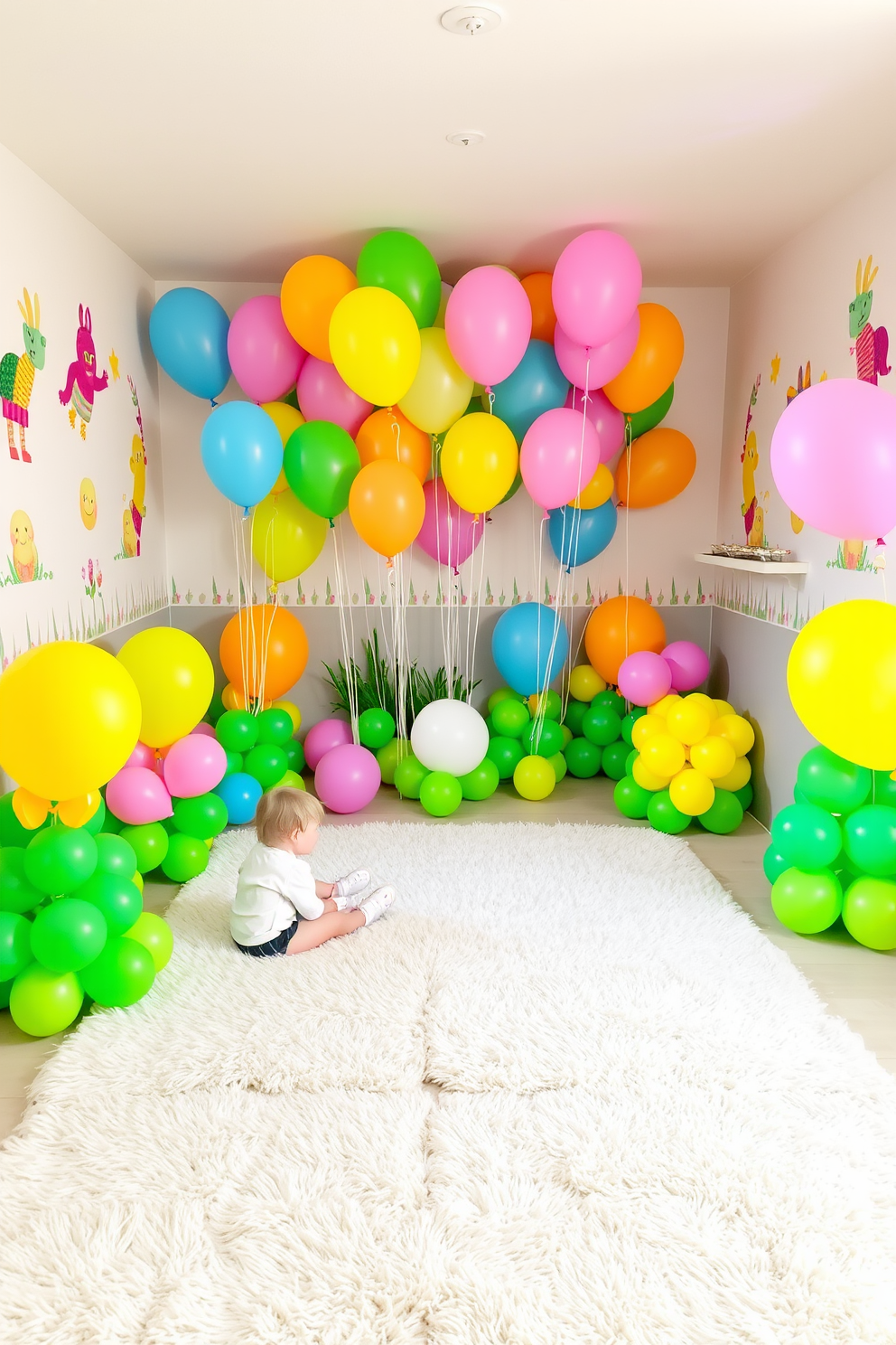 A vibrant playroom filled with colorful balloons shaped like Easter eggs creates a festive atmosphere. The walls are adorned with playful Easter-themed decorations, and a large plush rug covers the floor, inviting children to sit and play.