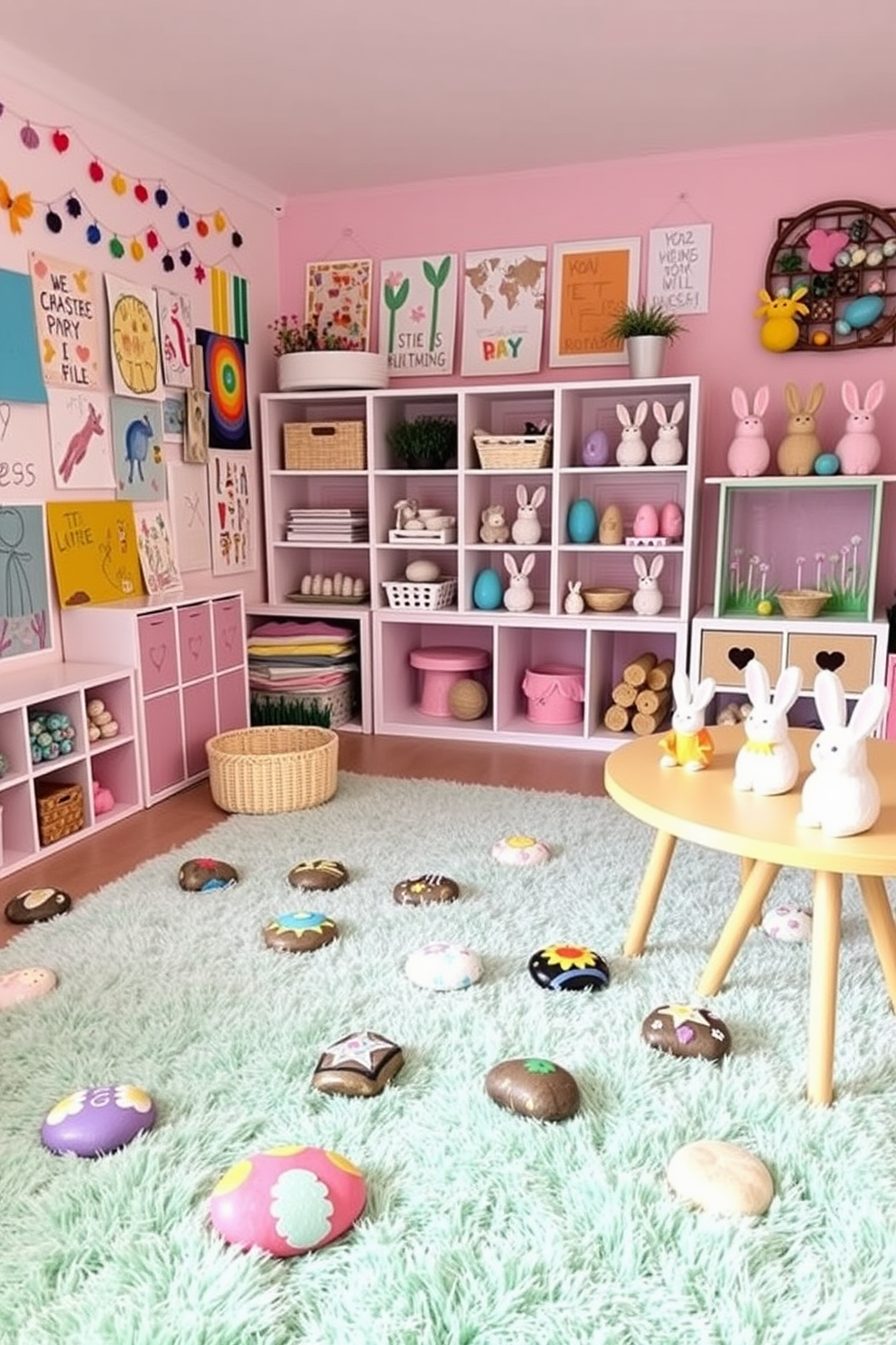 Easter-themed stuffed animals are playfully arranged in the corners of a vibrant playroom. The walls are adorned with colorful Easter decorations, creating a festive and cheerful atmosphere.