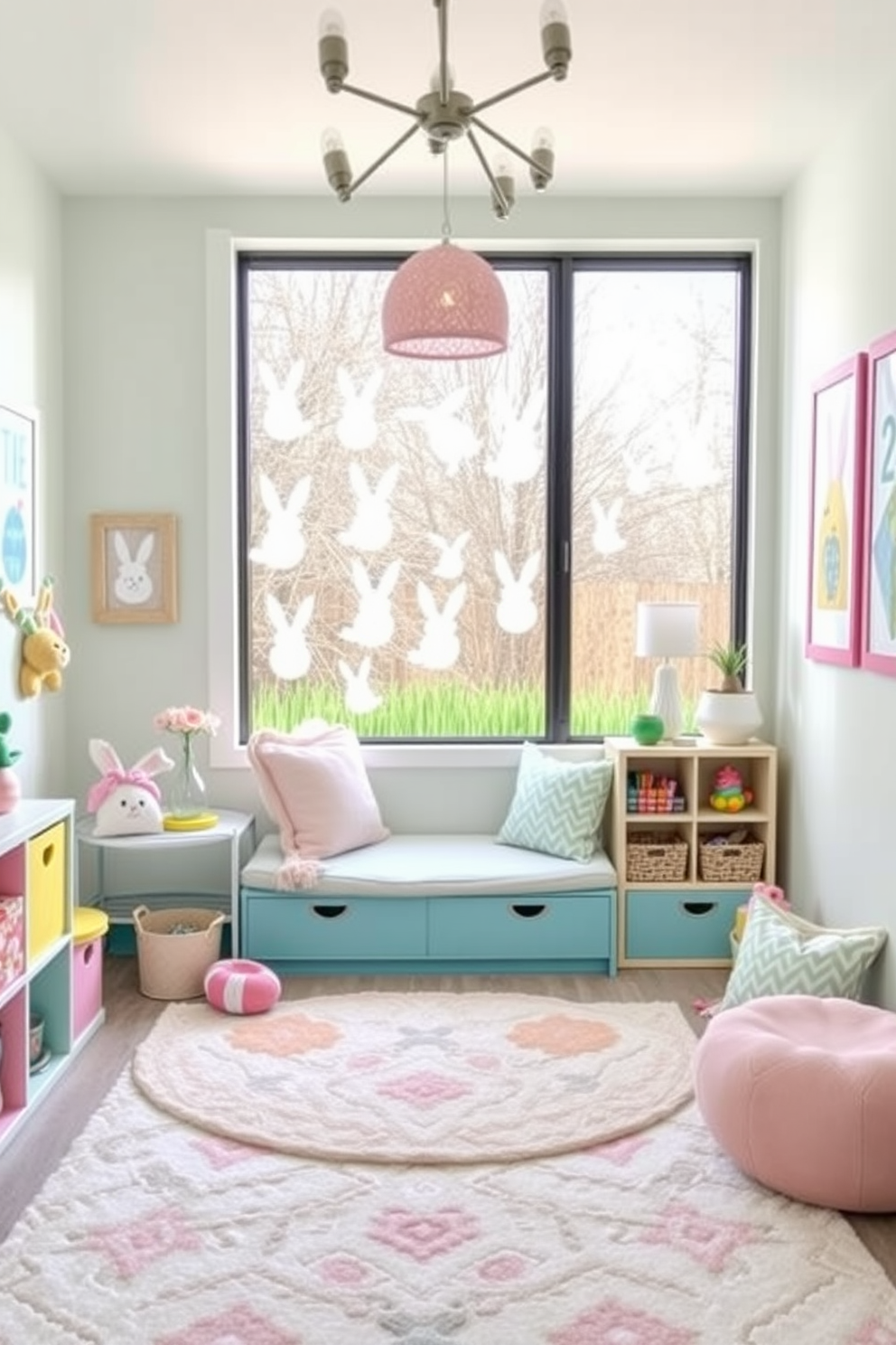 Create a playful and vibrant playroom filled with colorful decor and Easter-themed elements. The focal point is a large window adorned with bunny silhouette clings that bring a whimsical touch to the space. Incorporate soft pastel colors throughout the room, with a cozy reading nook featuring plush cushions and a small bookshelf. Add playful artwork on the walls and a cheerful area rug to enhance the festive atmosphere.