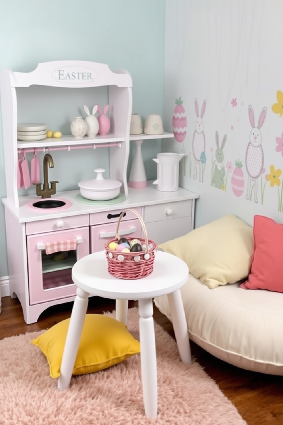 A whimsical play kitchen adorned with Easter-themed accessories. The countertops are decorated with pastel-colored dishes and bunny-shaped utensils, while a small basket filled with chocolate eggs sits prominently on the table. The walls are adorned with cheerful Easter-themed artwork featuring playful bunnies and colorful eggs. A cozy corner is set up with a plush rug and oversized cushions in spring colors, creating an inviting space for imaginative play.