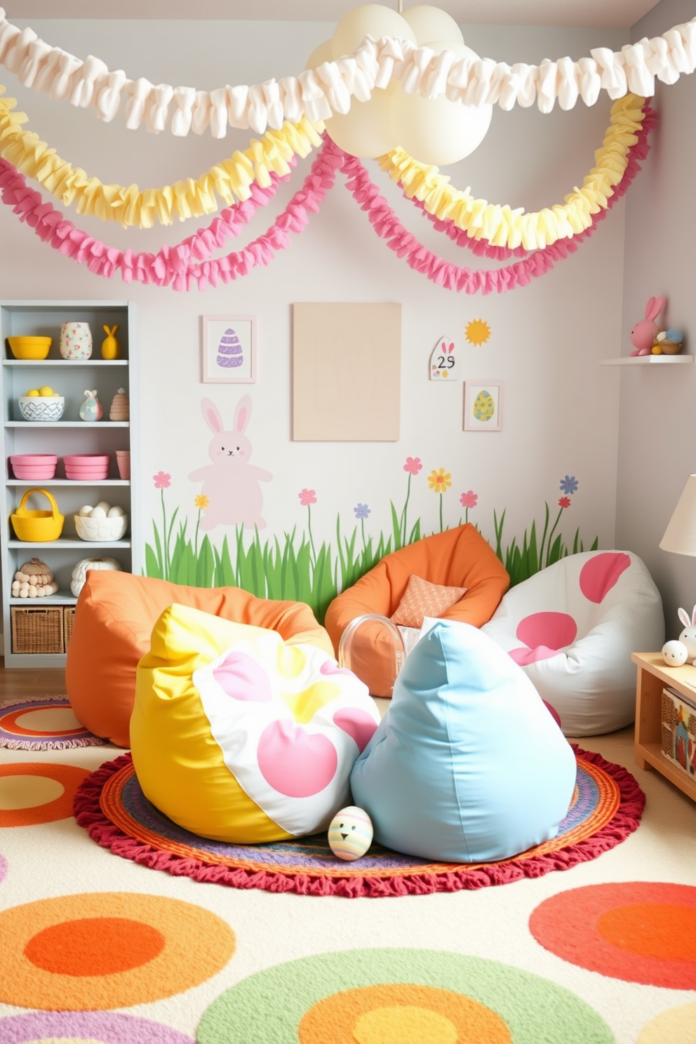 Creative egg-shaped bean bags for seating in a vibrant playroom. The bean bags are arranged in a cozy corner surrounded by colorful rugs and playful wall art. Easter decorating ideas include pastel-colored garlands and whimsical bunny figurines. The space is filled with cheerful decorations that inspire creativity and fun for children.