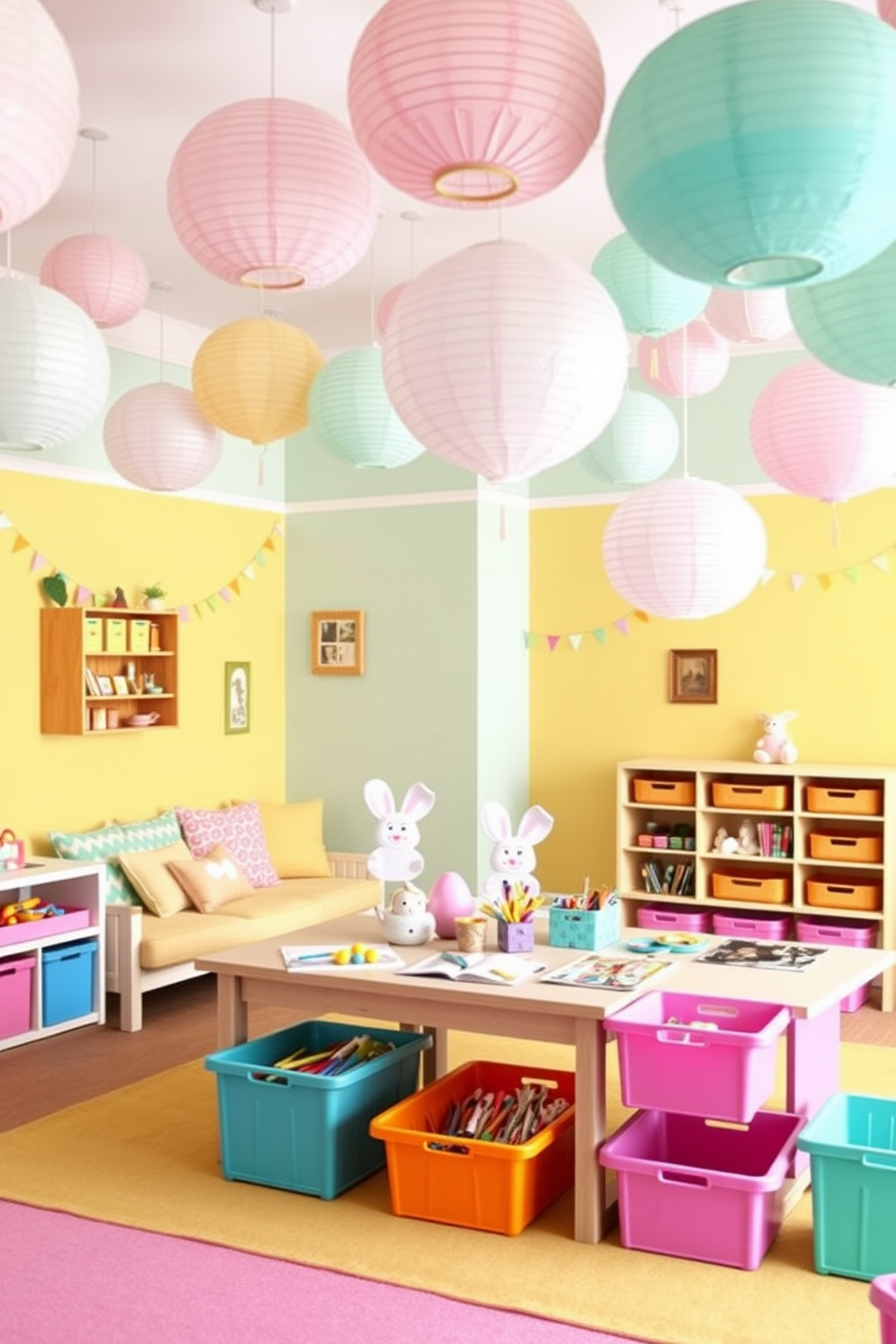 A whimsical playroom adorned with hanging paper lanterns in pastel colors creates a cheerful atmosphere. The walls are painted in soft shades of yellow and mint green, while a cozy reading nook with colorful cushions invites children to relax and explore their imagination. For Easter decorating ideas, the space features playful accents such as bunny-shaped pillows and pastel-colored garlands. A large table is set up for arts and crafts, surrounded by vibrant storage bins filled with craft supplies, ensuring a fun and festive environment.