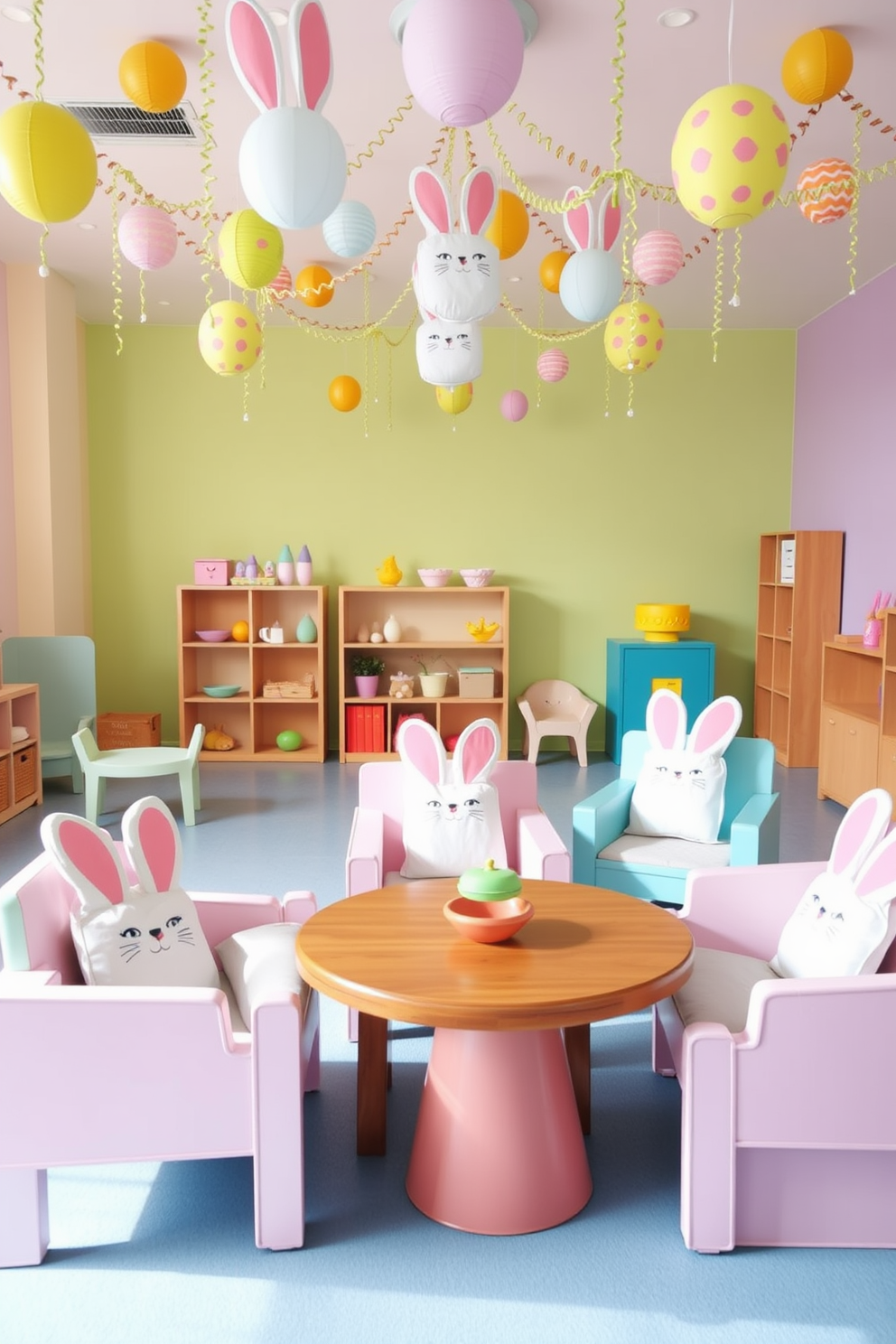 A cozy playroom featuring a comfortable sofa adorned with pastel bunny pillows in soft pinks and blues. The walls are decorated with cheerful Easter-themed artwork, and colorful rugs add warmth to the space.