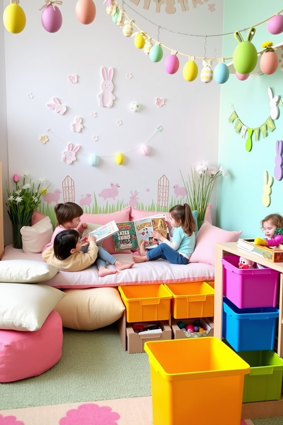 A cozy Easter-themed story corner filled with soft cushions in pastel colors invites children to relax and enjoy their favorite books. A whimsical backdrop features bunny and egg decorations, creating a playful atmosphere perfect for storytelling and imaginative play. The playroom is adorned with cheerful Easter decorations, including garlands of colorful eggs and playful bunny motifs. Brightly colored storage bins hold toys and crafts, ensuring a tidy yet festive environment for creative activities.