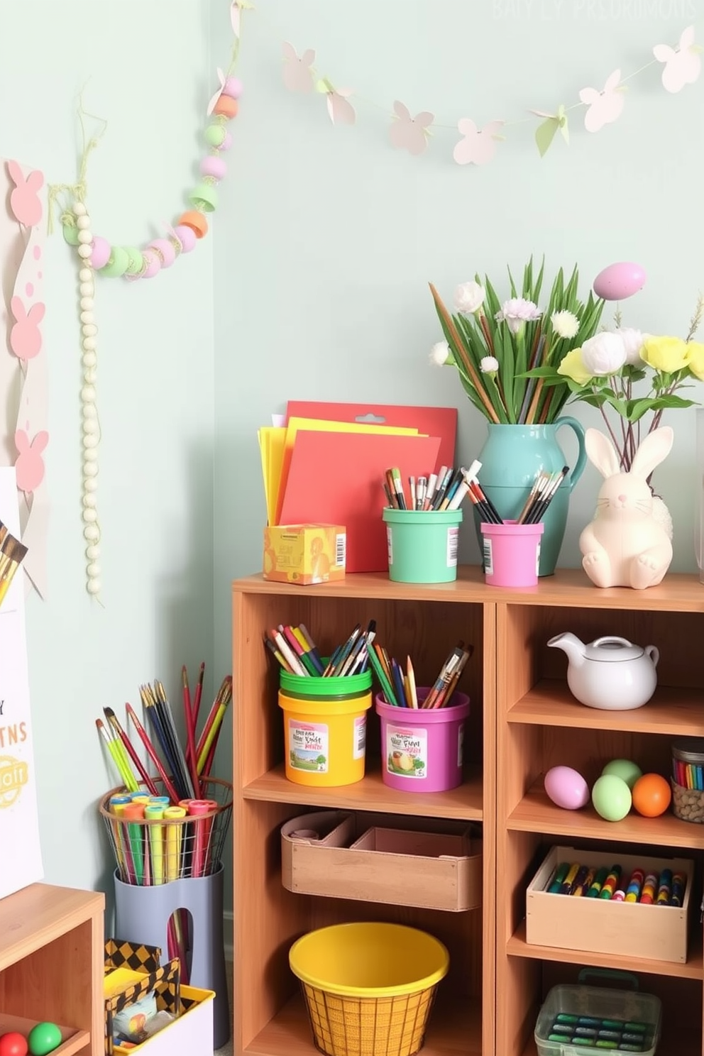 Seasonal art supplies for crafting activities. The playroom is filled with vibrant containers of paints, brushes, and colorful papers, arranged neatly on a wooden shelf. Playroom Easter Decorating Ideas. The space is adorned with pastel-colored decorations, including bunny-shaped garlands and egg-themed centerpieces, creating a festive atmosphere for children to enjoy.