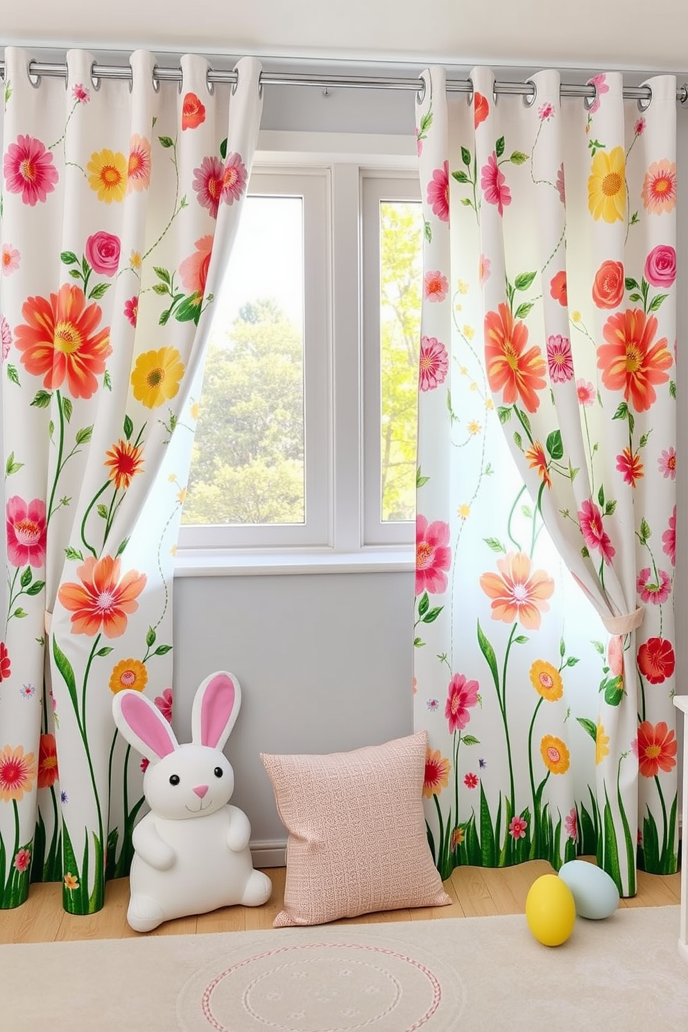 Playroom curtains in spring floral patterns. The curtains are made of light, airy fabric that allows natural light to filter through while showcasing vibrant floral designs in pastel colors. Playroom Easter decorating ideas. Incorporate playful elements such as bunny-shaped cushions, colorful egg garlands, and cheerful wall art to create a festive atmosphere that delights children.