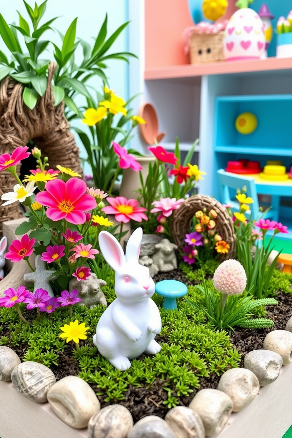 A whimsical miniature garden filled with vibrant flowers and lush greenery. Adorned with charming bunny figurines, this enchanting space invites playful imagination. A colorful playroom designed for Easter celebrations. Bright decorations and festive accents create a joyful atmosphere for children to enjoy their holiday activities.