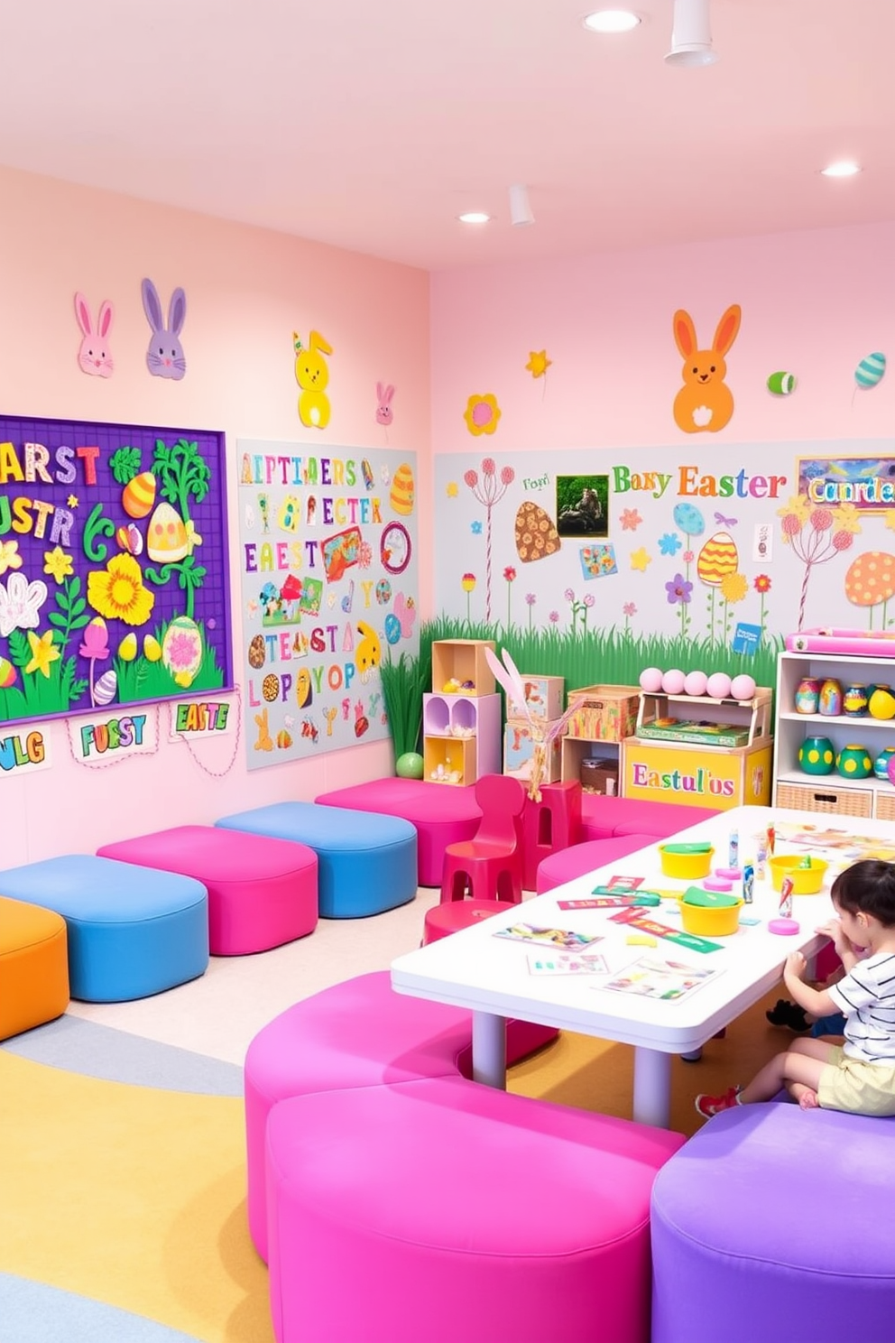 A vibrant playroom filled with colorful Easter-themed puzzles and games. The walls are adorned with cheerful pastel decorations, featuring bunnies and eggs, creating a festive atmosphere. In one corner, a large table is set up with various Easter crafts and activities for children. Plush seating in bright colors invites kids to gather and enjoy the playful decor.