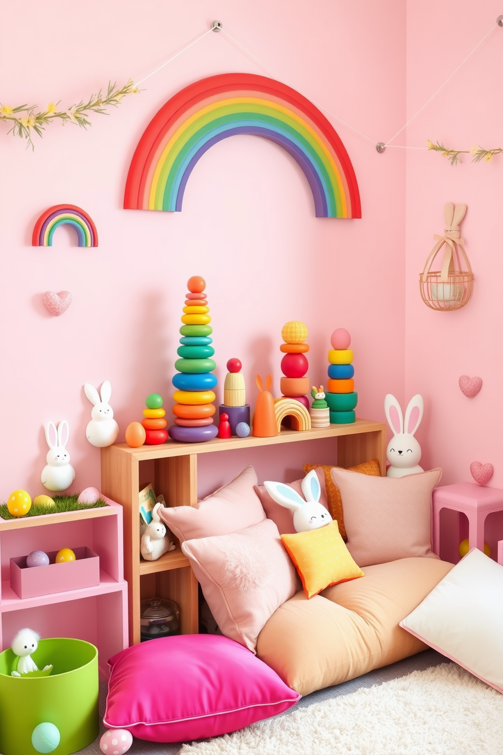 A vibrant playroom filled with rainbow-colored stacking toys arranged artfully on a wooden shelf. The walls are painted in soft pastel shades, creating a cheerful and inviting atmosphere for children to play and explore. Easter decorations adorn the space, featuring playful bunnies and colorful eggs scattered around the room. A cozy reading nook with plush cushions invites kids to sit and enjoy their favorite stories amidst the festive decor.