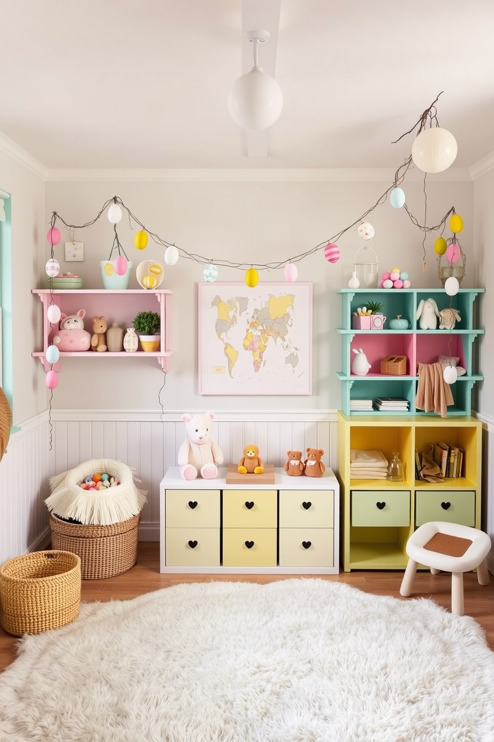 A whimsical playroom adorned with decorative egg garlands draped across colorful shelves. The walls are painted in pastel shades, and plush rugs create a cozy area for children to play.