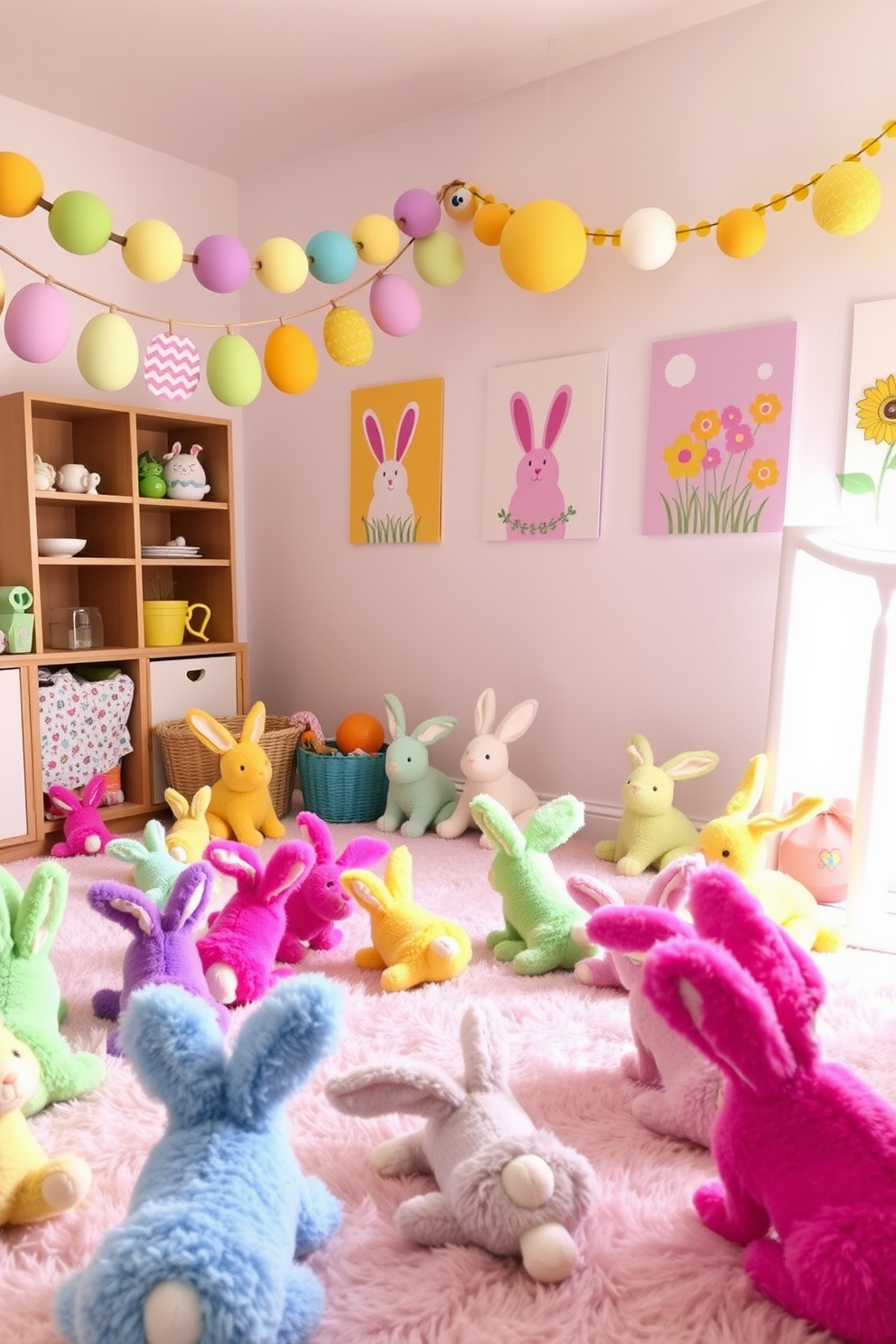 A whimsical playroom filled with colorful bunny plush toys scattered across a soft, pastel rug. The walls are adorned with cheerful Easter-themed decorations, including garlands of paper eggs and playful wall art featuring bunnies and spring flowers.