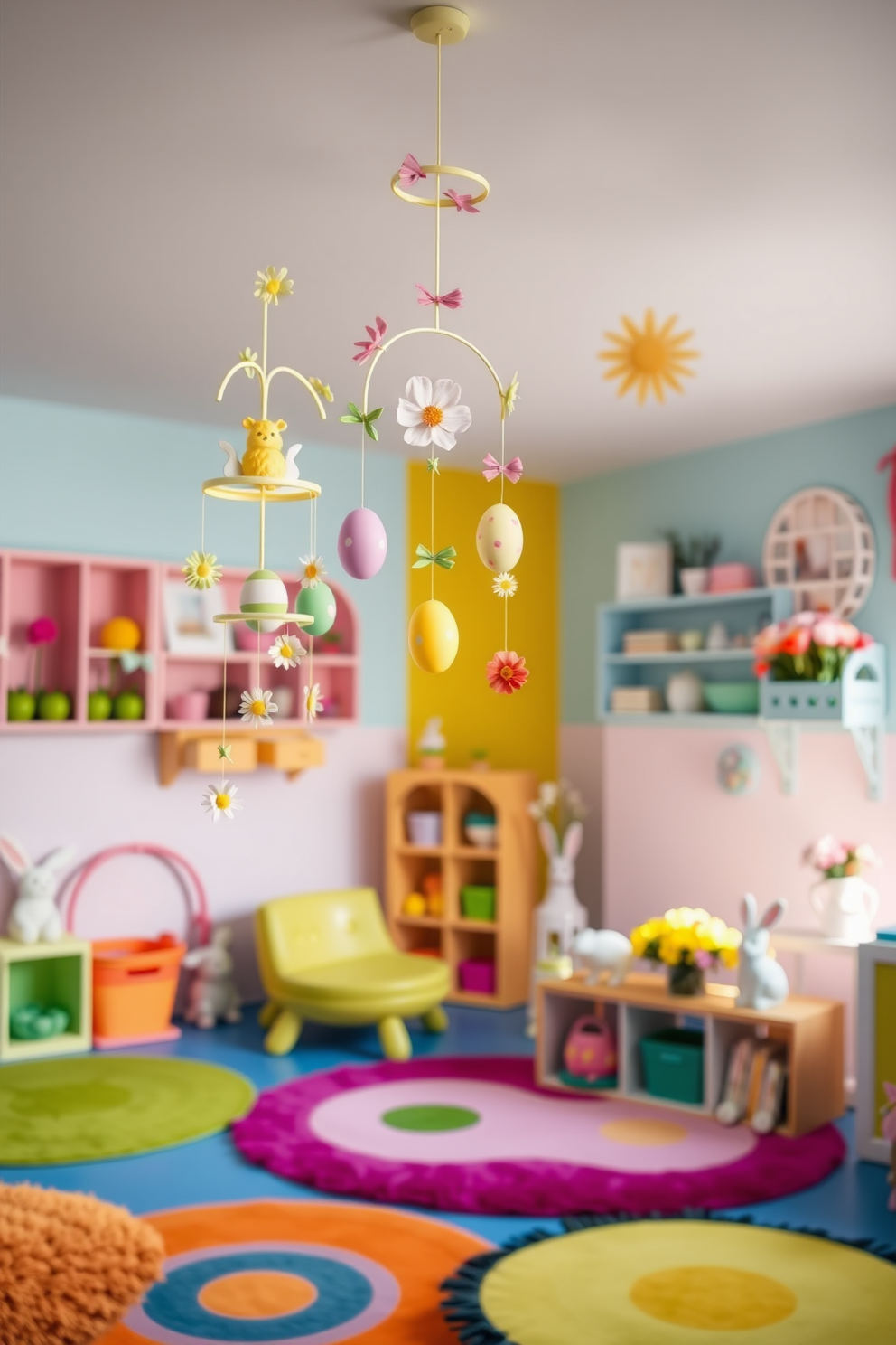 A whimsical playroom filled with vibrant colors and playful decor. Spring-themed mobiles, adorned with pastel-colored eggs and cheerful flowers, gently sway from the ceiling, creating a festive atmosphere. Brightly colored rugs cover the floor, providing a soft area for play. Easter-themed decorations, including bunny figurines and flower arrangements, add a joyful touch to the space.