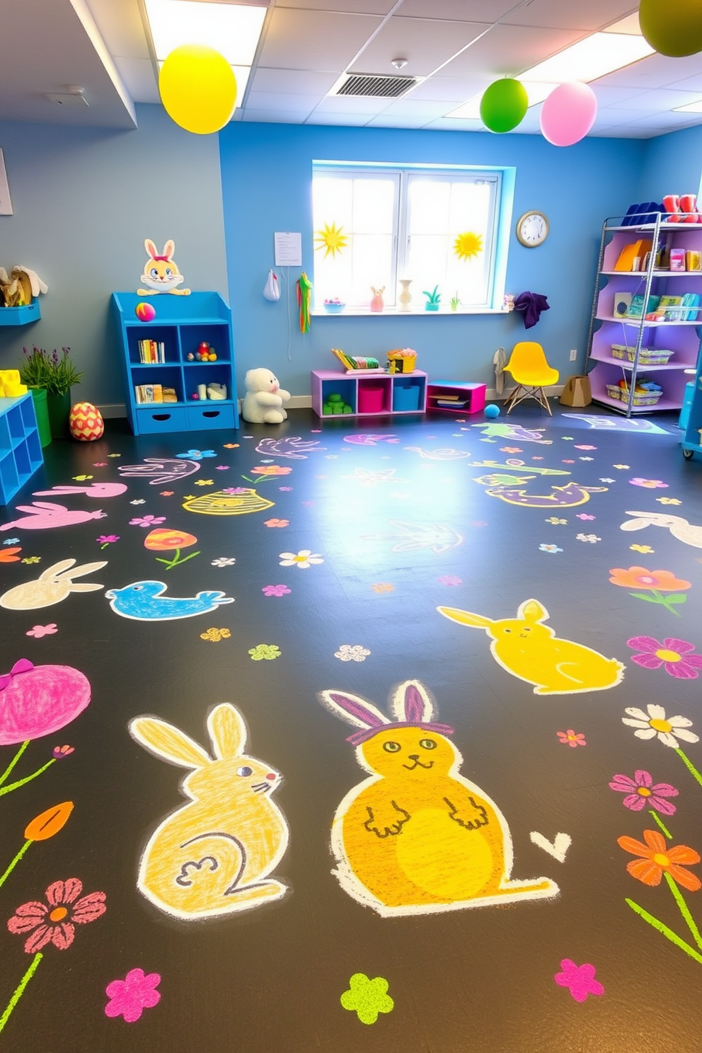 Easter-themed chalk drawings adorn the floor of a vibrant playroom filled with joy and creativity. Colorful bunnies, eggs, and spring flowers are scattered across the space, inviting children to engage in festive activities.