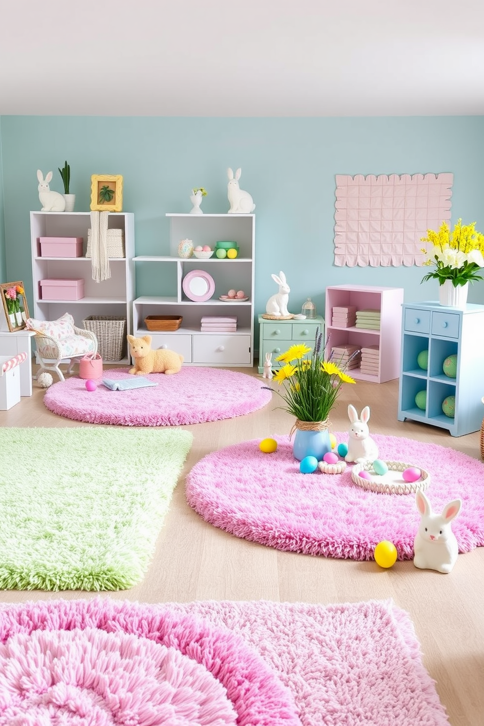 A vibrant playroom filled with Easter-themed wall art and prints. The walls are adorned with colorful bunny and egg designs, creating a cheerful atmosphere for children. Soft pastel colors dominate the decor, with plush toys and cushions scattered around. A large easel displays a fun Easter-themed artwork created by the kids, adding a personal touch to the space.