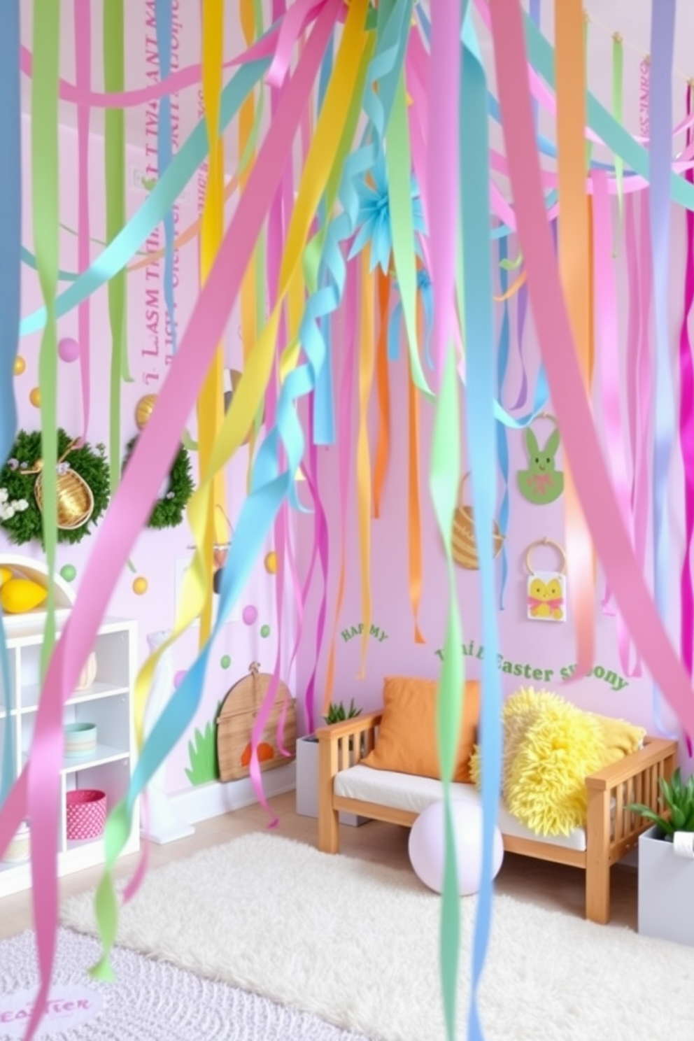 A vibrant playroom filled with colorful streamers in Easter colors, creating a festive and cheerful atmosphere. The walls are adorned with playful Easter-themed decorations, including bunnies and eggs, while a cozy reading nook features plush cushions in pastel shades.