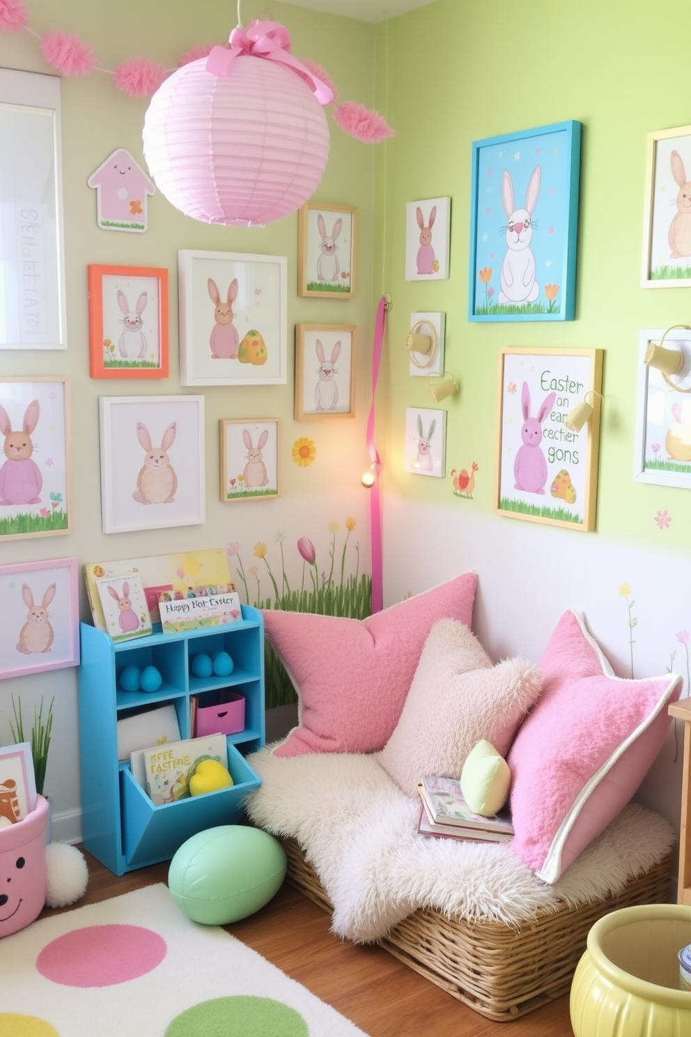 Create a vibrant playroom filled with Easter-themed wall art and prints. The walls are adorned with colorful illustrations of bunnies, eggs, and spring flowers, creating a cheerful atmosphere. In one corner, set up a cozy reading nook with plush cushions and Easter-themed books. The decor includes playful garlands and pastel-colored accents to enhance the festive spirit.