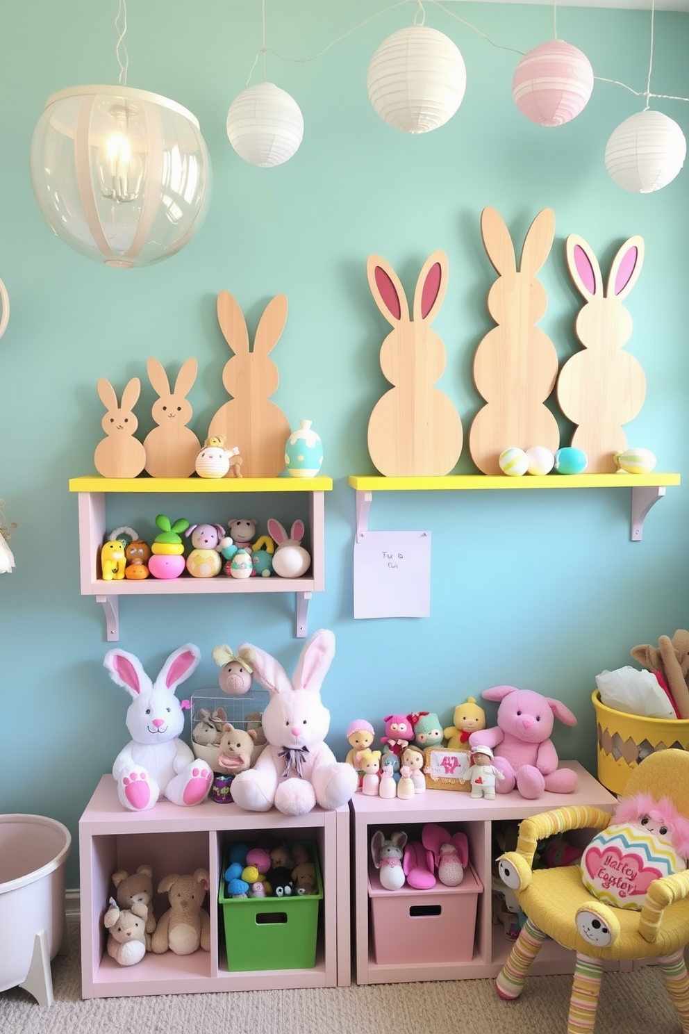 A playful playroom filled with colorful decorations for Easter. Wooden bunny cutouts are displayed on cheerful shelves, surrounded by pastel-colored toys and plush animals.