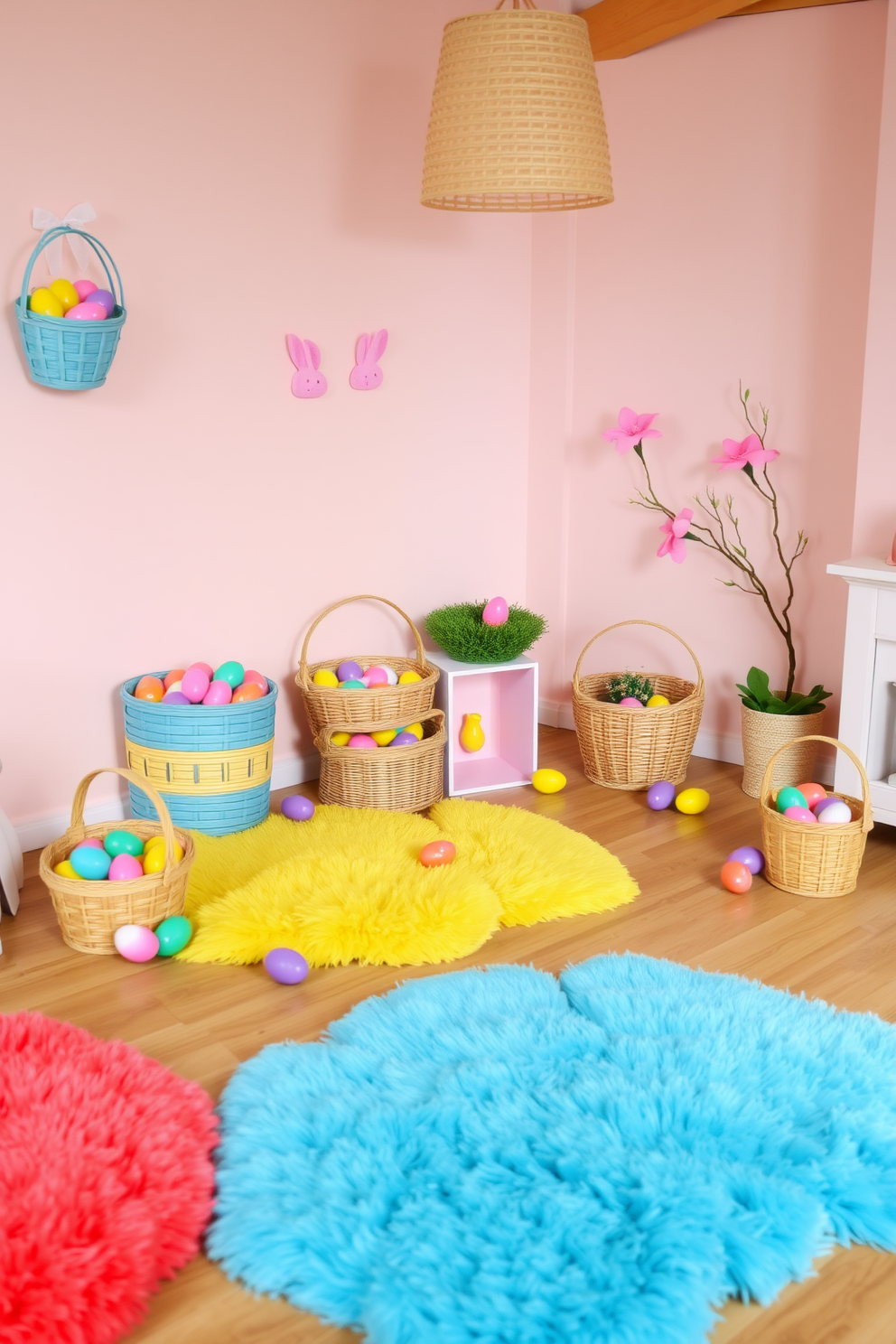 A playful playroom setting designed for Easter. Colorful decorative baskets filled with faux eggs are scattered around the room, adding a festive touch. The walls are painted in soft pastel colors, creating a cheerful atmosphere. Plush rugs in bright hues cover the floor, providing a cozy space for children to play and explore.