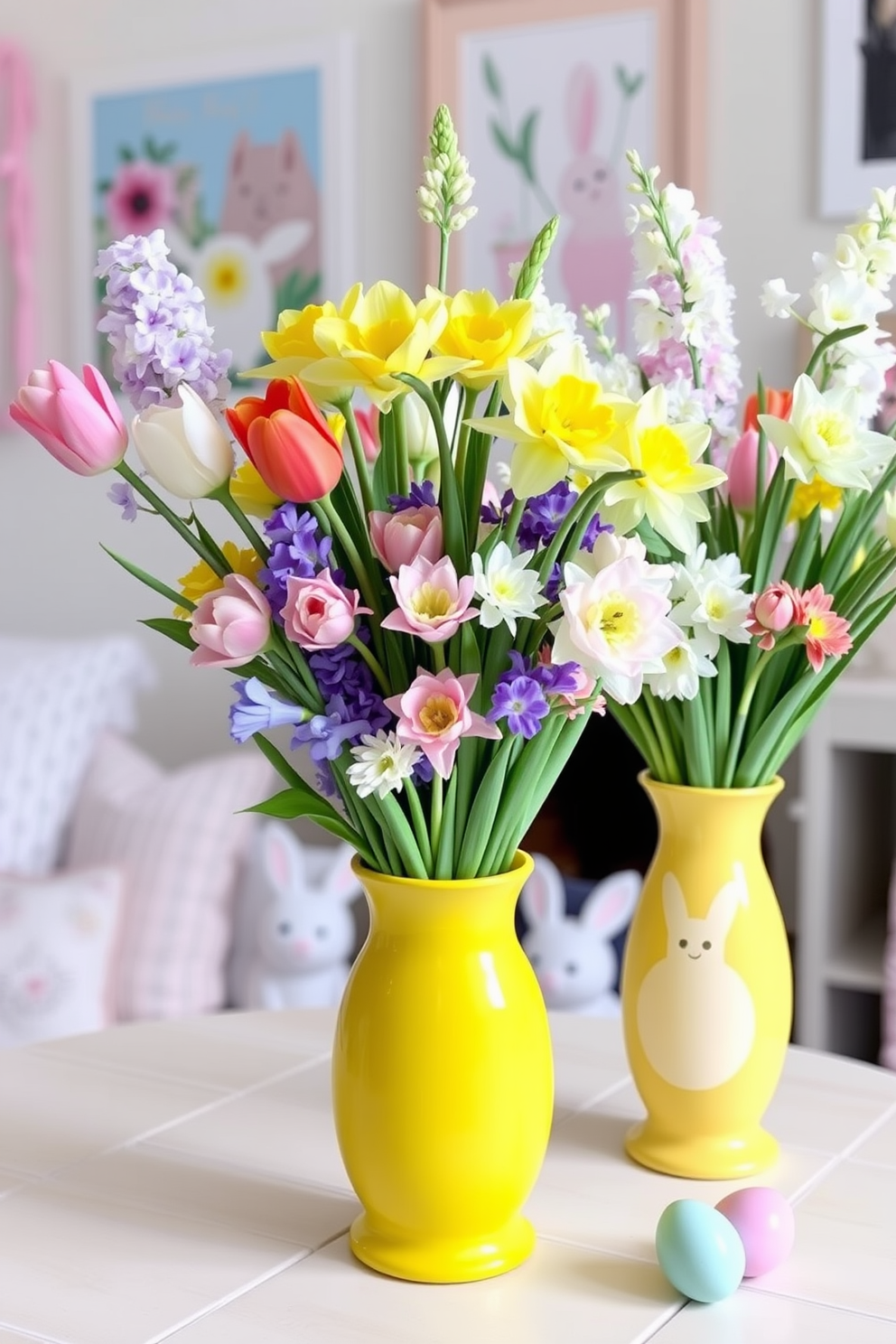 Spring flower arrangements in bright vases create a cheerful and vibrant atmosphere. The vases are filled with a mix of colorful blooms like tulips, daffodils, and hyacinths, showcasing the beauty of the season. Playroom Easter decorating ideas include playful pastel colors and whimsical decorations. Incorporate bunny-themed cushions, egg garlands, and cheerful artwork to create a festive and inviting space for children.