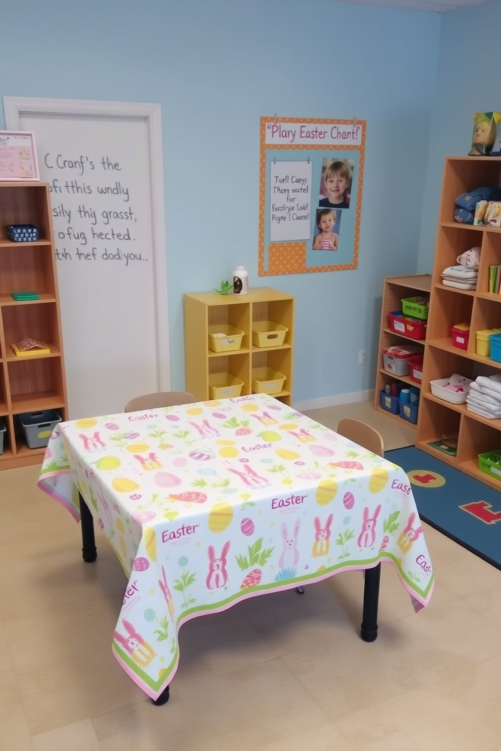 A charming playroom entrance adorned with a faux flower wreath hanging on the door. The wreath features vibrant pastel blooms and delicate greenery, creating a welcoming atmosphere for children and guests alike. Inside the playroom, colorful Easter decorations bring joy and festivity to the space. Brightly painted eggs, cheerful bunnies, and playful garlands are scattered throughout, enhancing the playful spirit of the room.