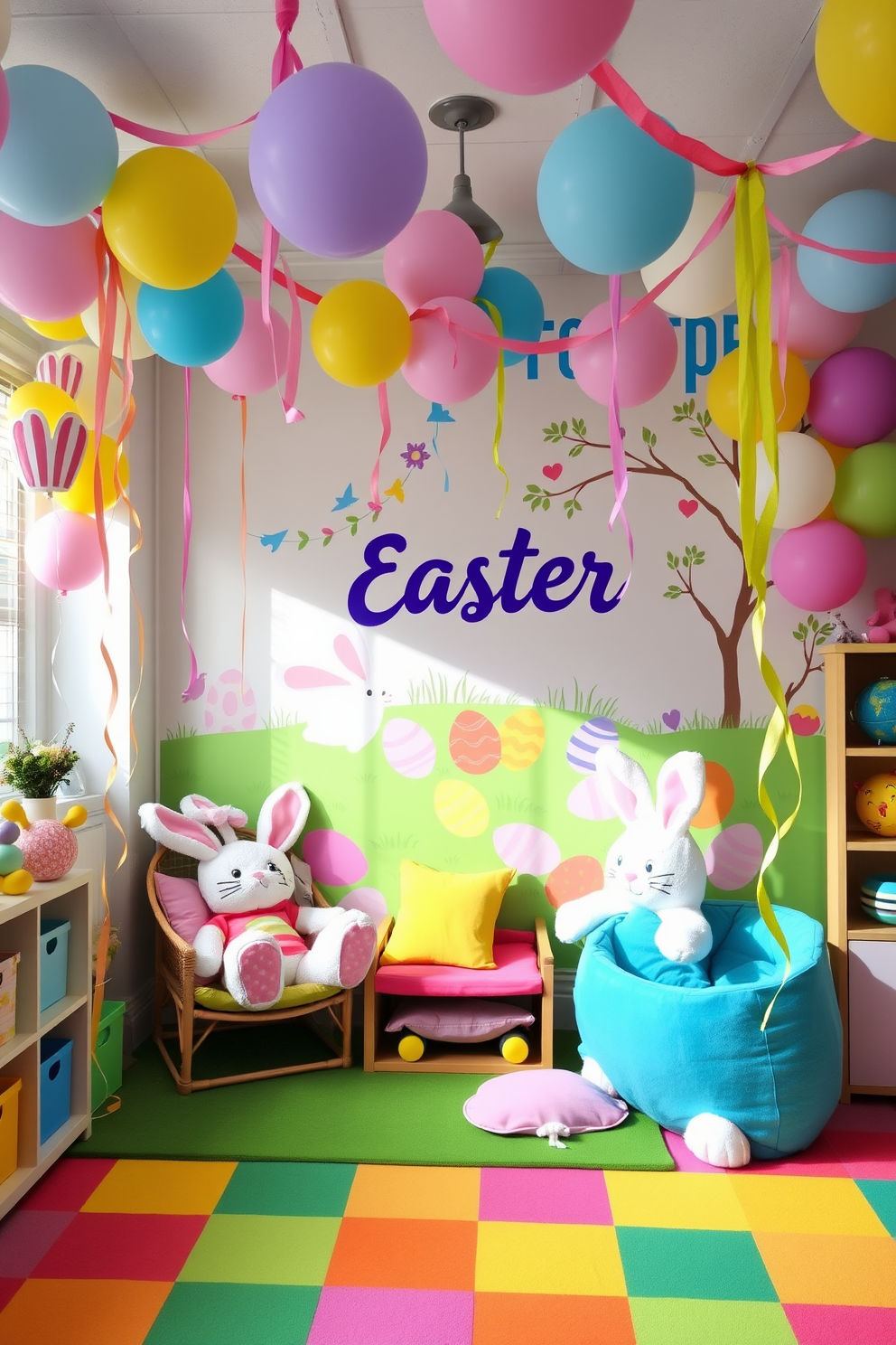 A vibrant playroom filled with colorful decorations for Easter. The space features playful bunny ears headbands hanging from the walls, surrounded by cheerful pastel-colored balloons and streamers. In one corner, a cozy reading nook is adorned with oversized plush bunnies and bright cushions. A large, whimsical mural of an Easter egg hunt decorates the main wall, creating a fun and inviting atmosphere for children.