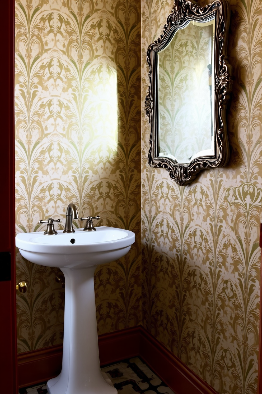 Elegant wallpaper with bold patterns adorns the walls of the powder room creating a striking visual impact. A sleek pedestal sink is positioned against the wallpaper, complemented by a stylish chrome faucet and a round mirror above it. The flooring features dark wood planks that add warmth to the space. A small console table below the mirror holds decorative items and a fresh bouquet, enhancing the room's sophisticated ambiance.