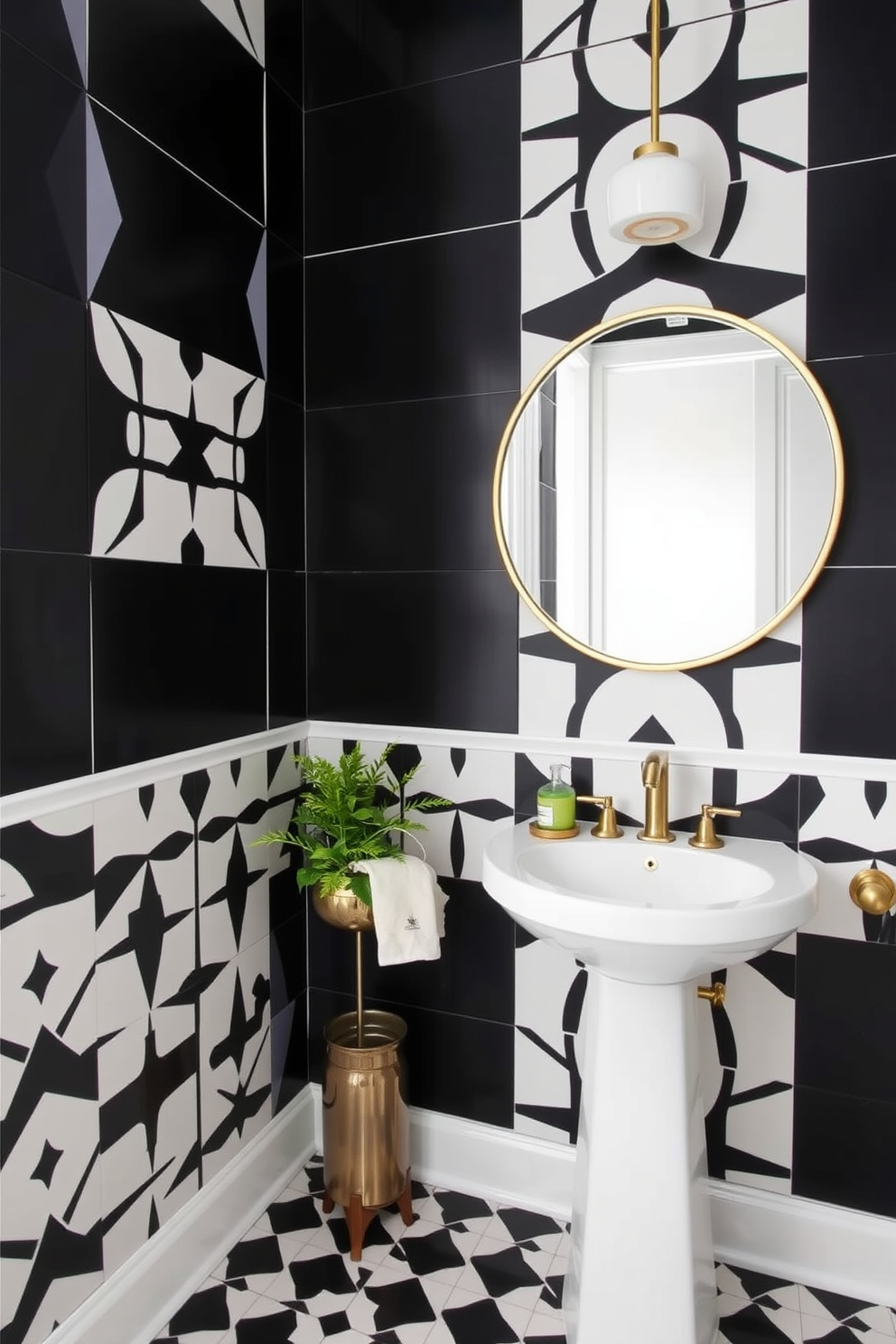 Bold geometric patterns adorn the walls of a chic powder room. The space features a sleek pedestal sink with a modern faucet and a round mirror framed in brushed brass. The floor is covered in a striking black and white tile that complements the bold wall design. A small potted plant adds a touch of greenery next to the sink, enhancing the contemporary feel.