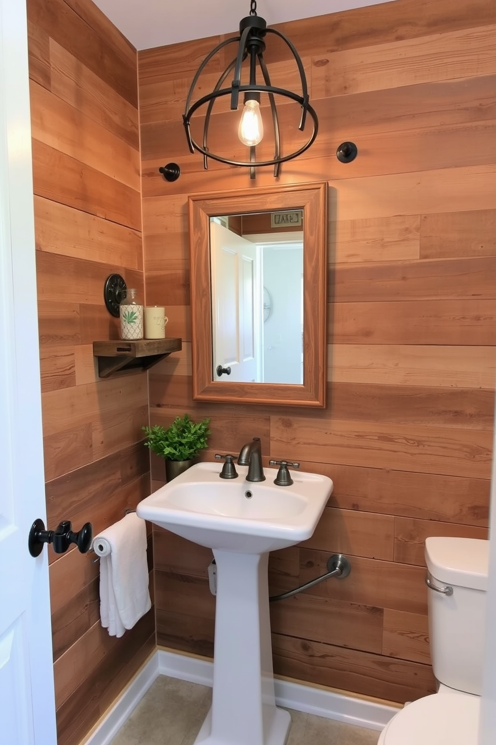 A charming powder room featuring rustic wood accents that create a warm and inviting atmosphere. The walls are adorned with reclaimed wood panels, and a vintage wooden mirror hangs above a sleek pedestal sink. A cozy lighting fixture made of wrought iron casts a soft glow over the space. A small wooden shelf displays decorative items and fresh greenery, enhancing the rustic charm of the design.