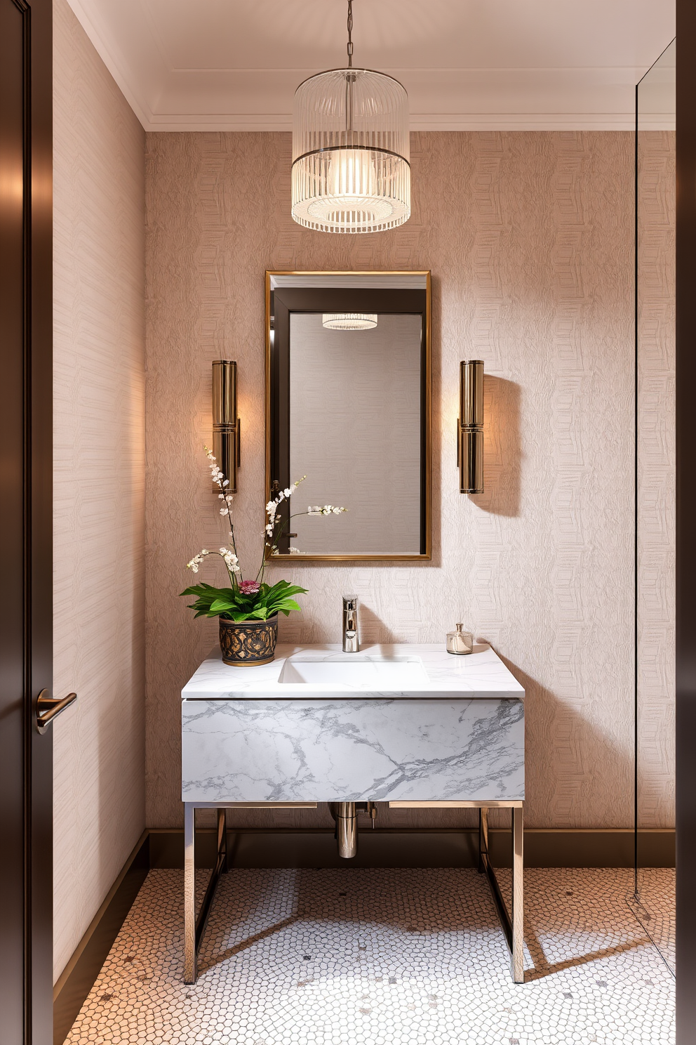 A stylish powder room featuring open shelving for decorative displays. The shelves are filled with curated items such as candles, small plants, and artwork, creating an inviting atmosphere. The walls are painted in a soft pastel color, enhancing the brightness of the space. A chic mirror above the sink reflects the carefully arranged decor, adding depth and elegance to the design.